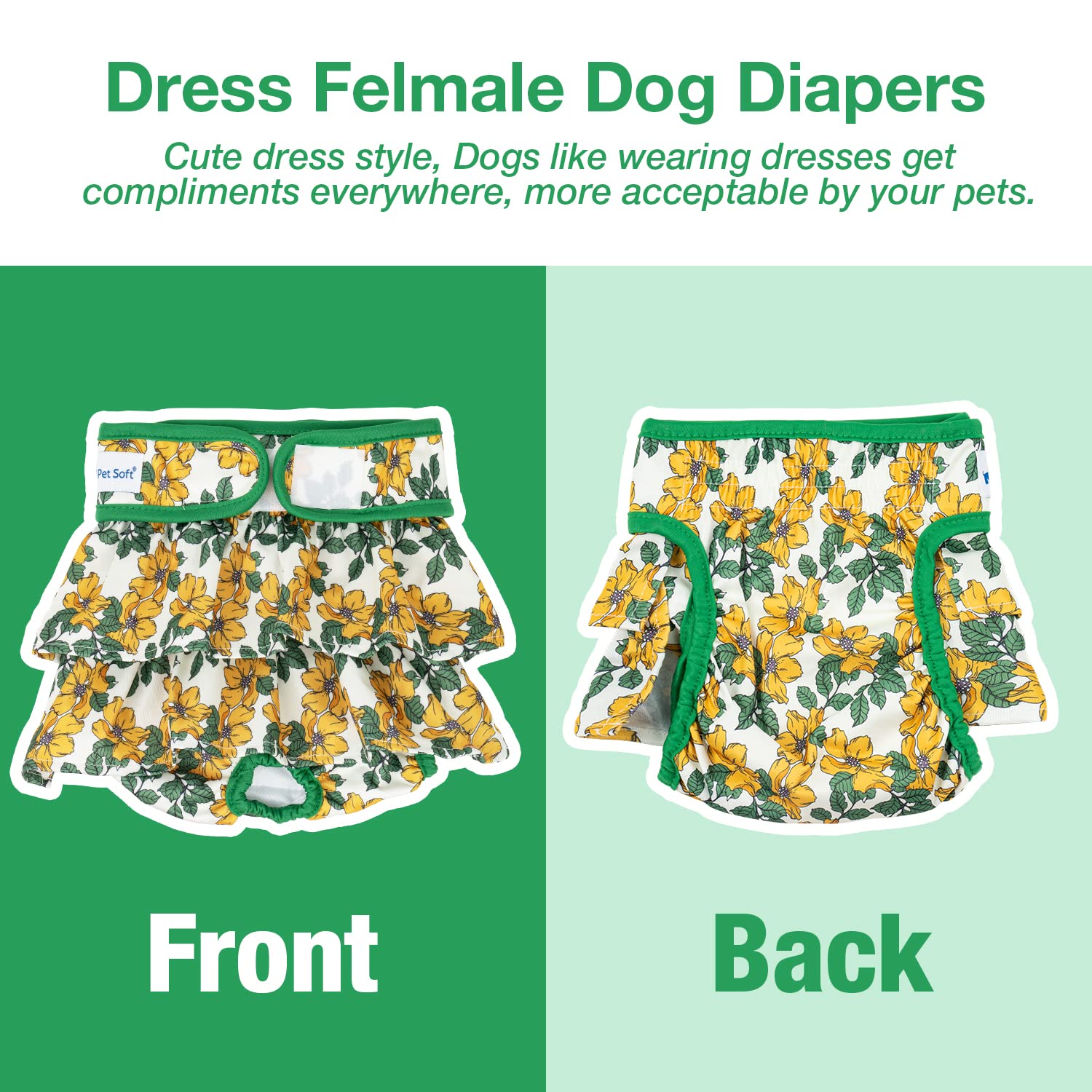 Pet Soft Washable Female Diapers (3 Pack) - Female Dog Diapers, Dress Style Comfort Reusable Doggy Diapers For Girl Dog In Period Heat (Floral, L)