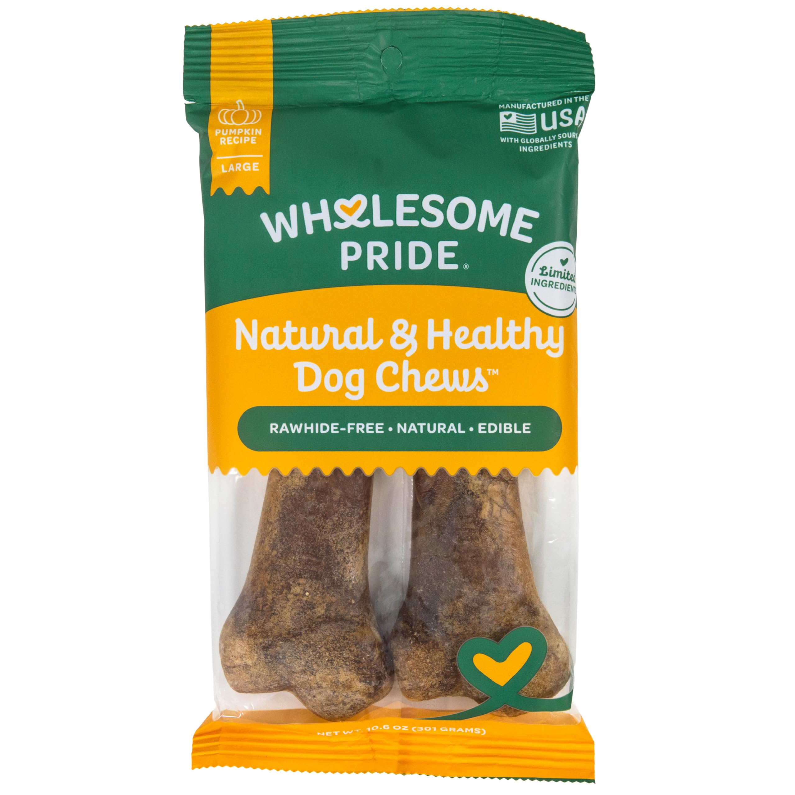 Wholesome Pride Natural & Healthy Pumpkin Highly Digestible Dog Chews, Made in The USA, Large - 2 Pack