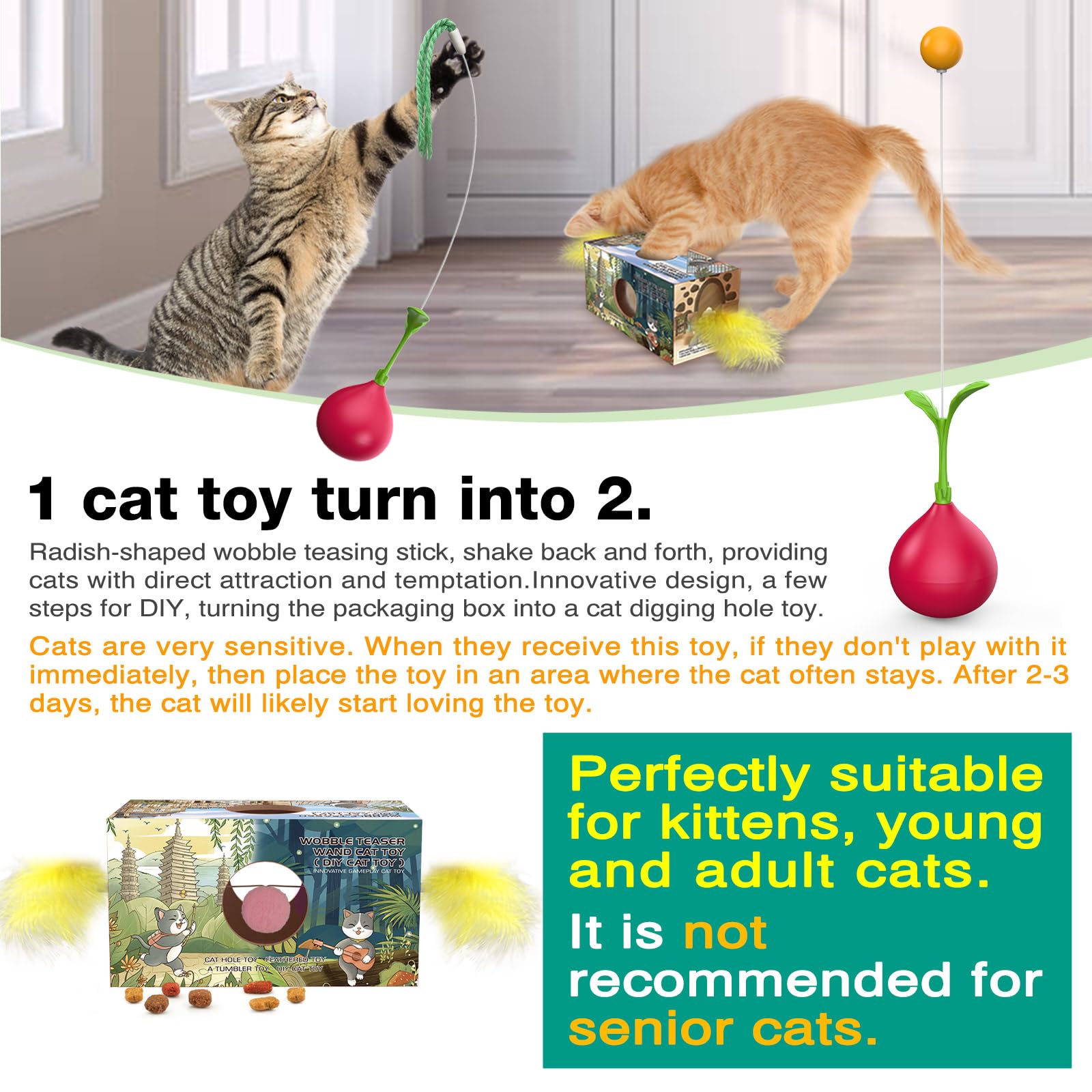 Tlkng Cat Toys For Indoor Cats Interactive Bored Kitten Wobble Teaser Wand Feather Toy Kitty Birthday Gift To Keep Them Busy
