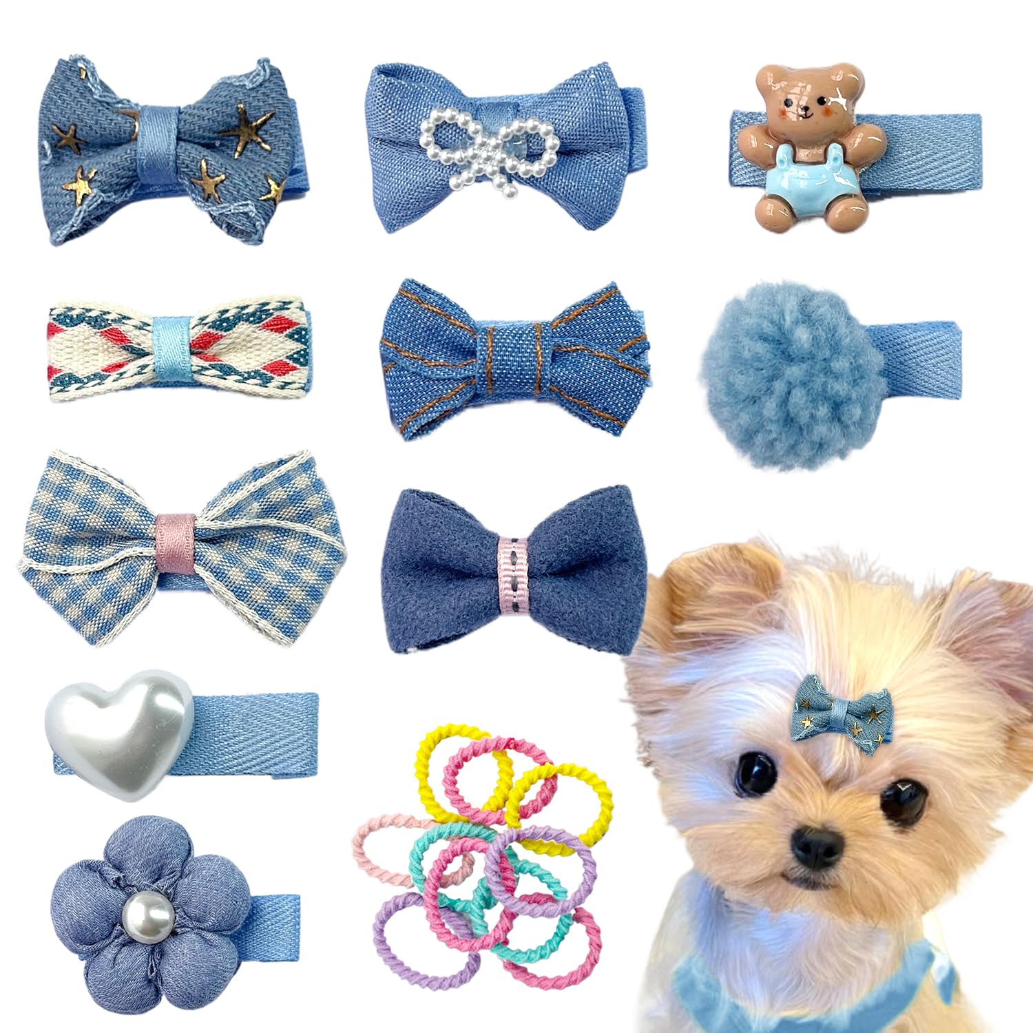 Blue Dog Hair Clips And Rubber Bands Small Dog Bows Denim Cute Pet Grooming Accessories Alligator Clips Stay In Hair Barrettes F