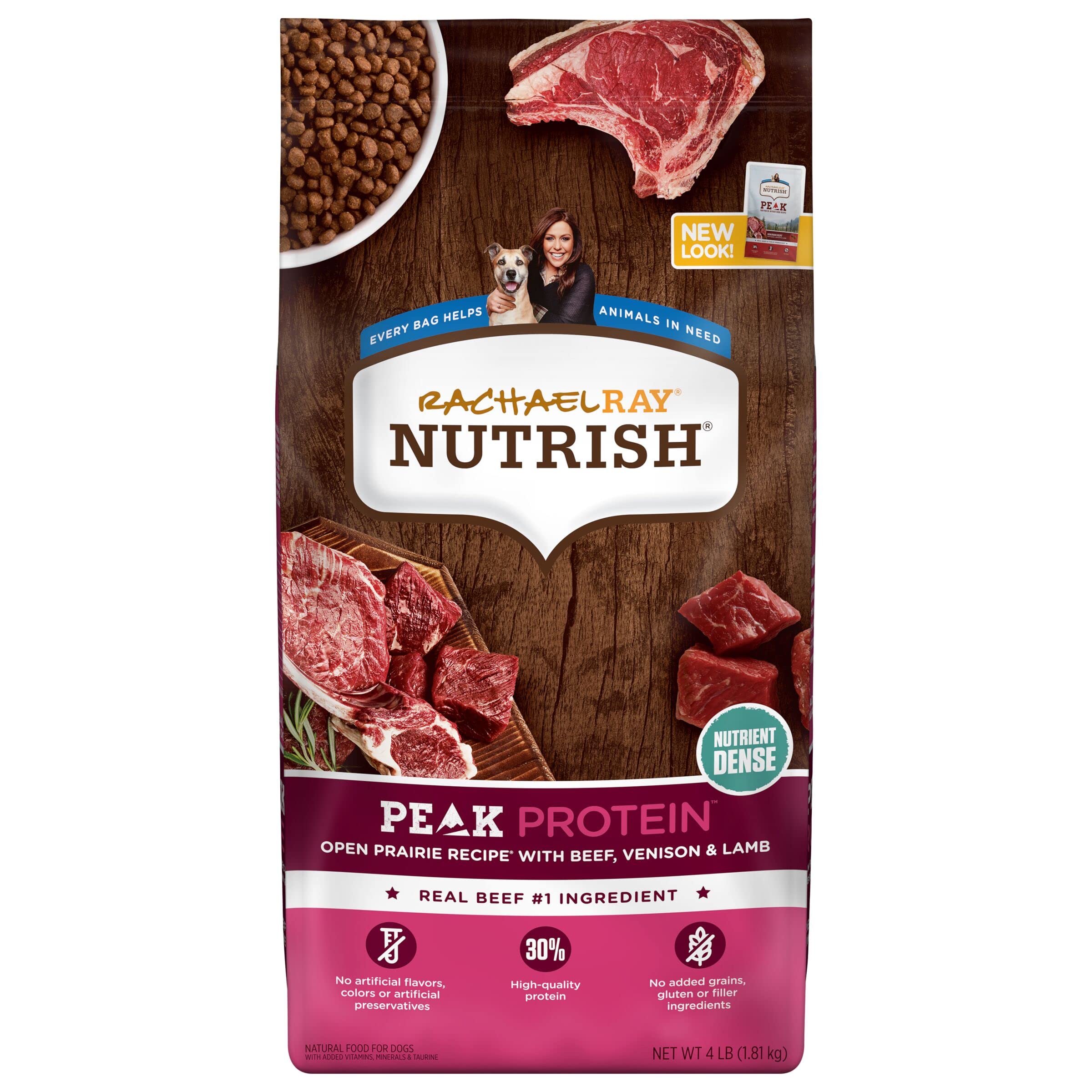 Rachael Ray Nutrish PEAK Natural Dry Dog Food, Open Prairie Recipe with Beef, Venison & Lamb, 4 Pound Bag, Grain Free (Packaging