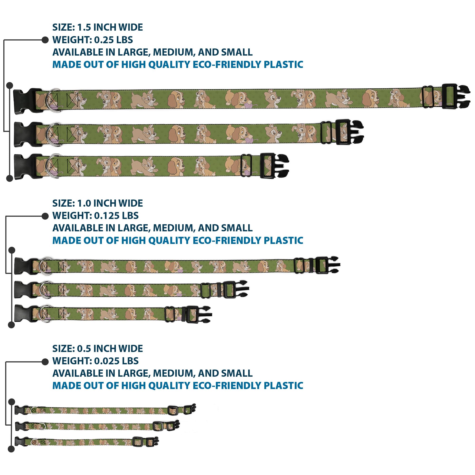 Buckle-Down Dog Collar Plastic Clip Lady And Tramp 6 Poses Olive Green, Multi Color, 1'' Wide - Fits 9-15'' Neck - Small (Dc