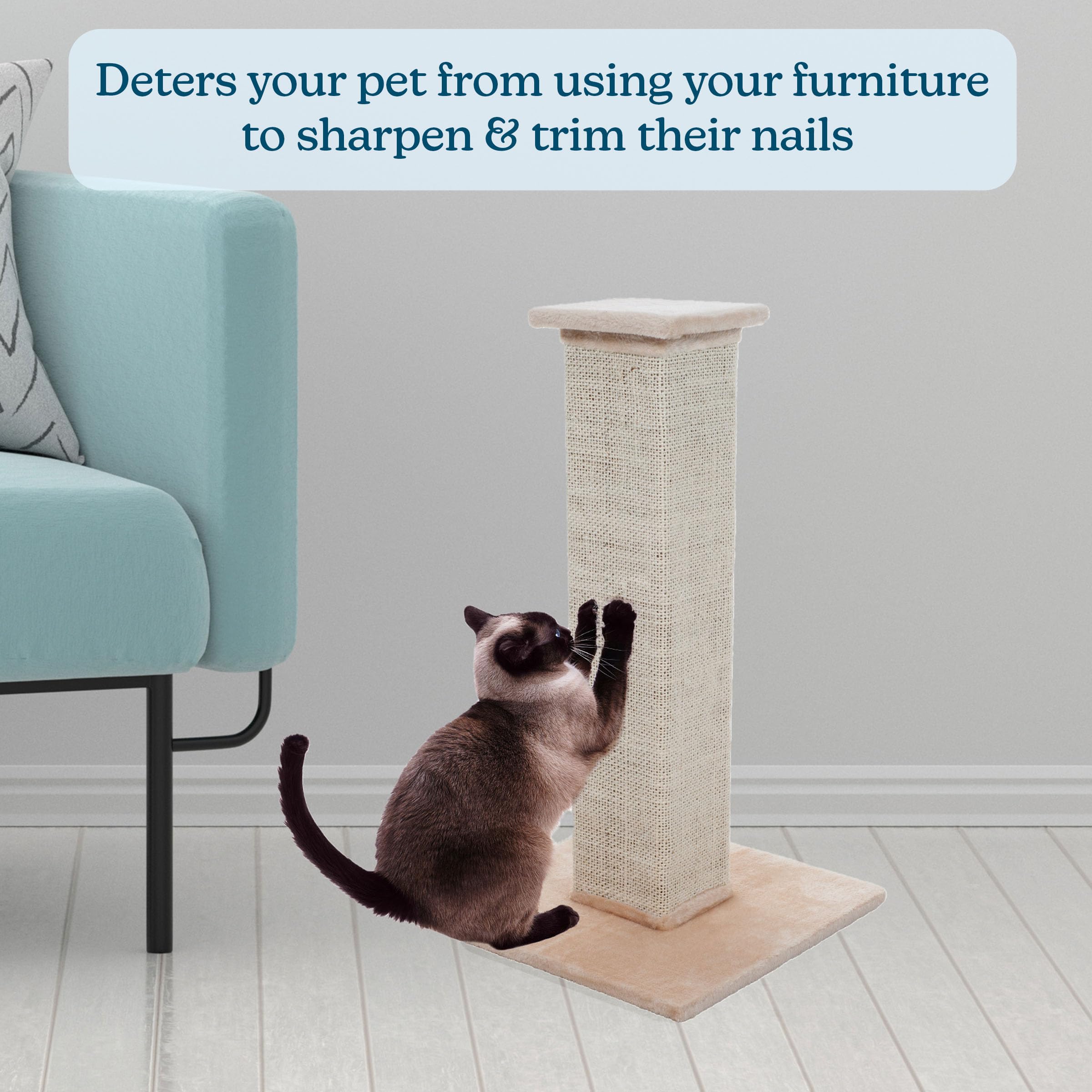Cat Scratching Post with Carpeted Base - 27.75-Inch Sisal Burlap Fabric Scratcher - Furniture Scratching Deterrent for Indoor Ca