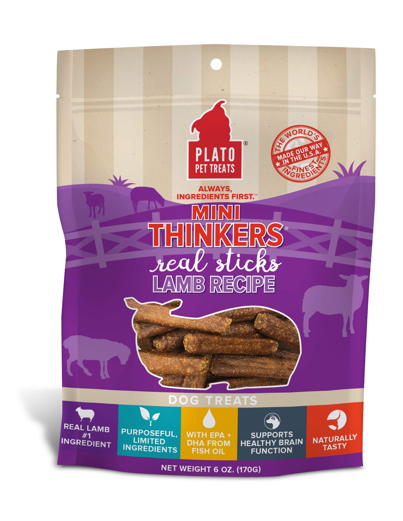 Plato Pet Treats Air Dried Dog Treats Lamb Mini Thinkers Sticks, Natural Dog Treats, Real Meat, Air Dried, Made in the USA, 6oz
