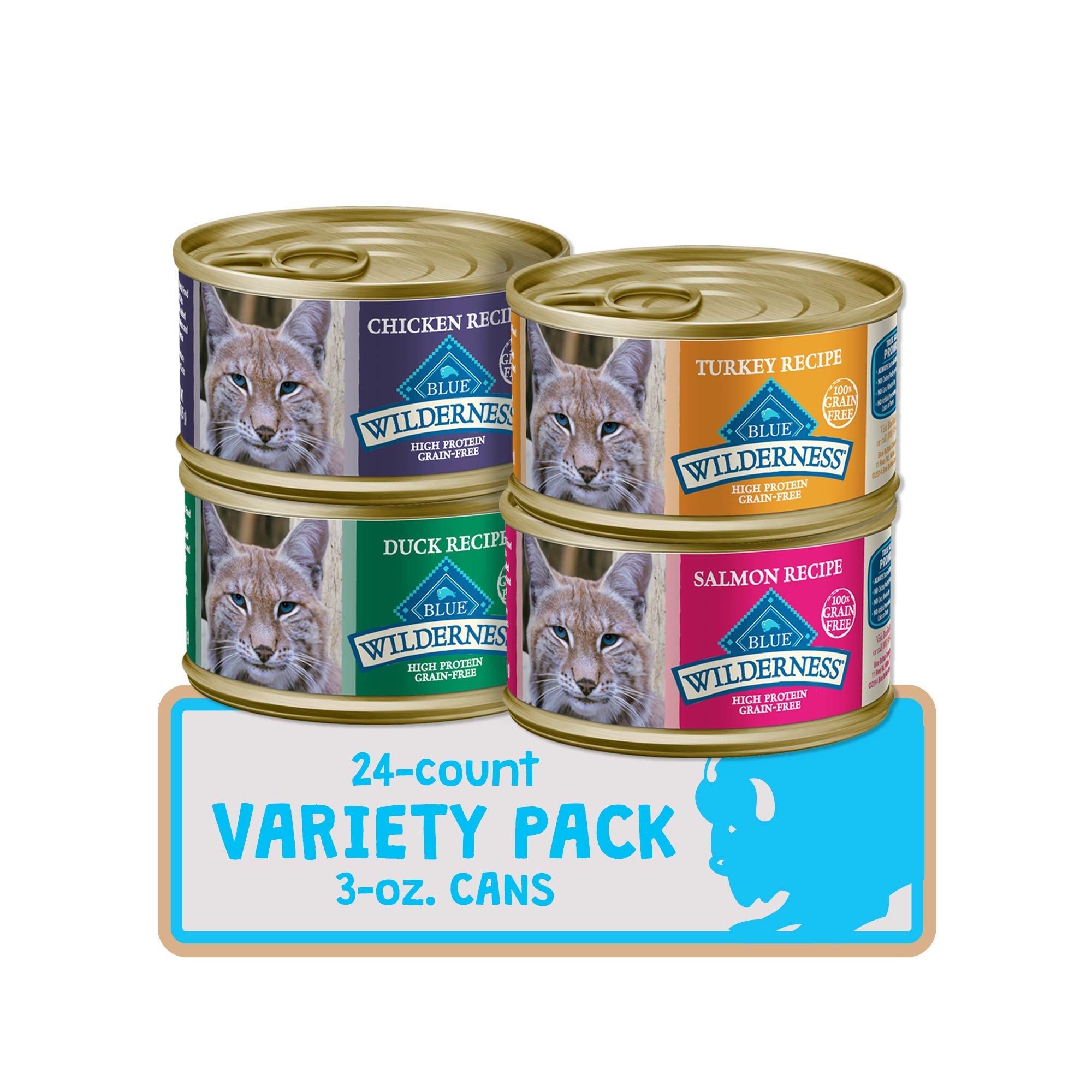 Blue Buffalo Wilderness High Protein Grain Free, Natural Adult Pate Wet Cat Food Variety Pack, Chicken, Salmon, Duck, and Turkey