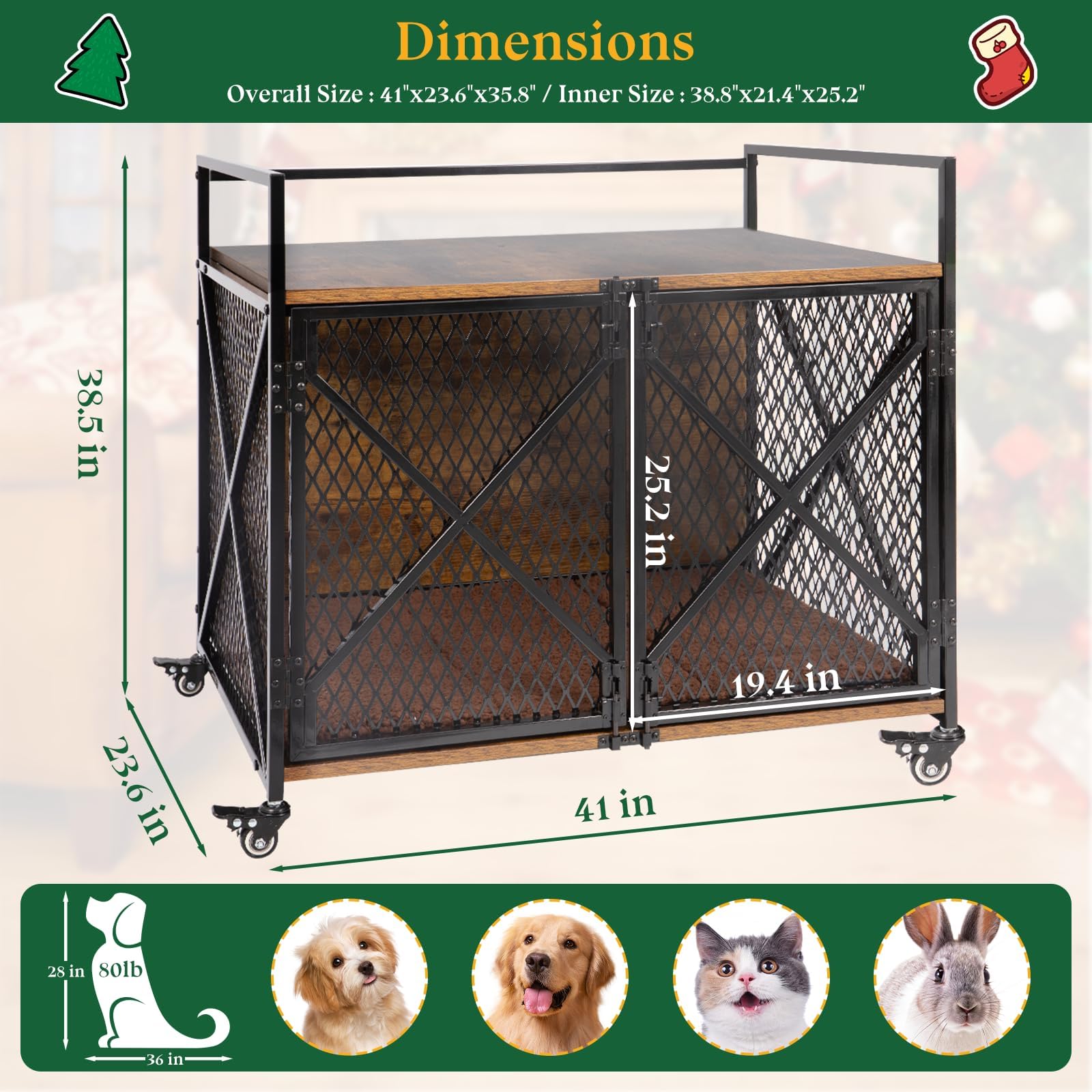 41 Dog Crate Furniture, Wooden Dog Crates for Large Medium Dogs, Heavy Duty Dog Kennel Indoor with Lockable Wheels, Furniture