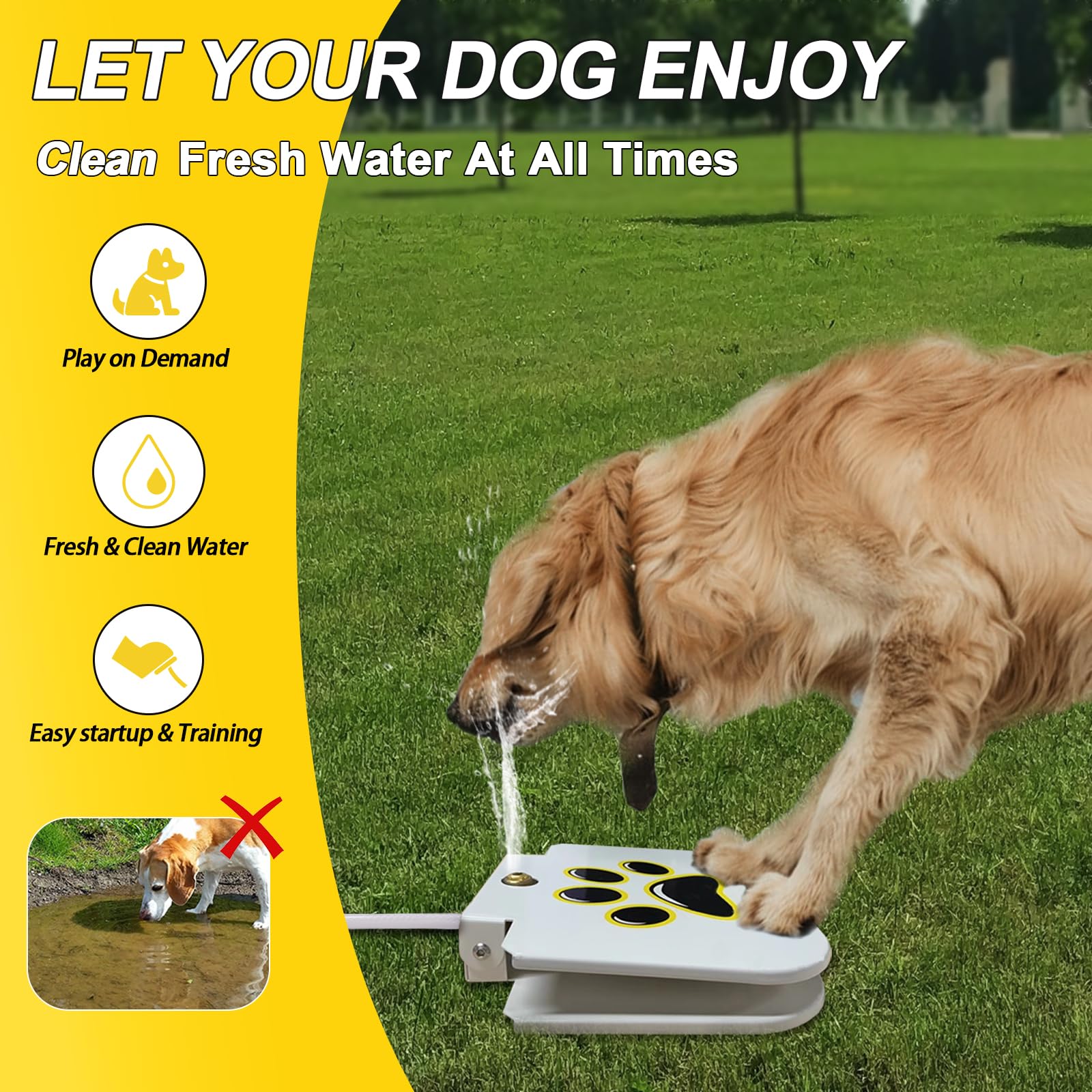 Outdoor Dog Water Fountain Step On - Upgrade Large Dog Sprinkler Drinking Water Dispenser Dog Paw Waterer Activated With Stainle