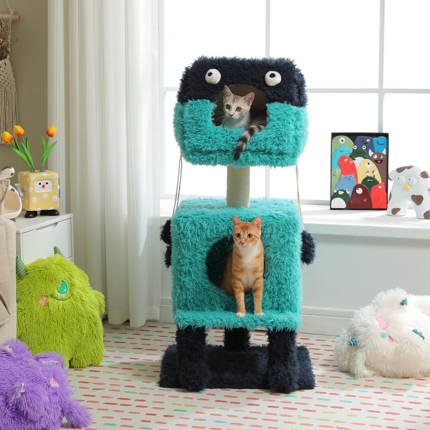 Pawz Road Cartoon-Themed Cat Tree, 2 In 1 Modern Cat Tree Tower With 2 Large Cat Condos, 3-Level Robot Artistic Modeling Cat Fur