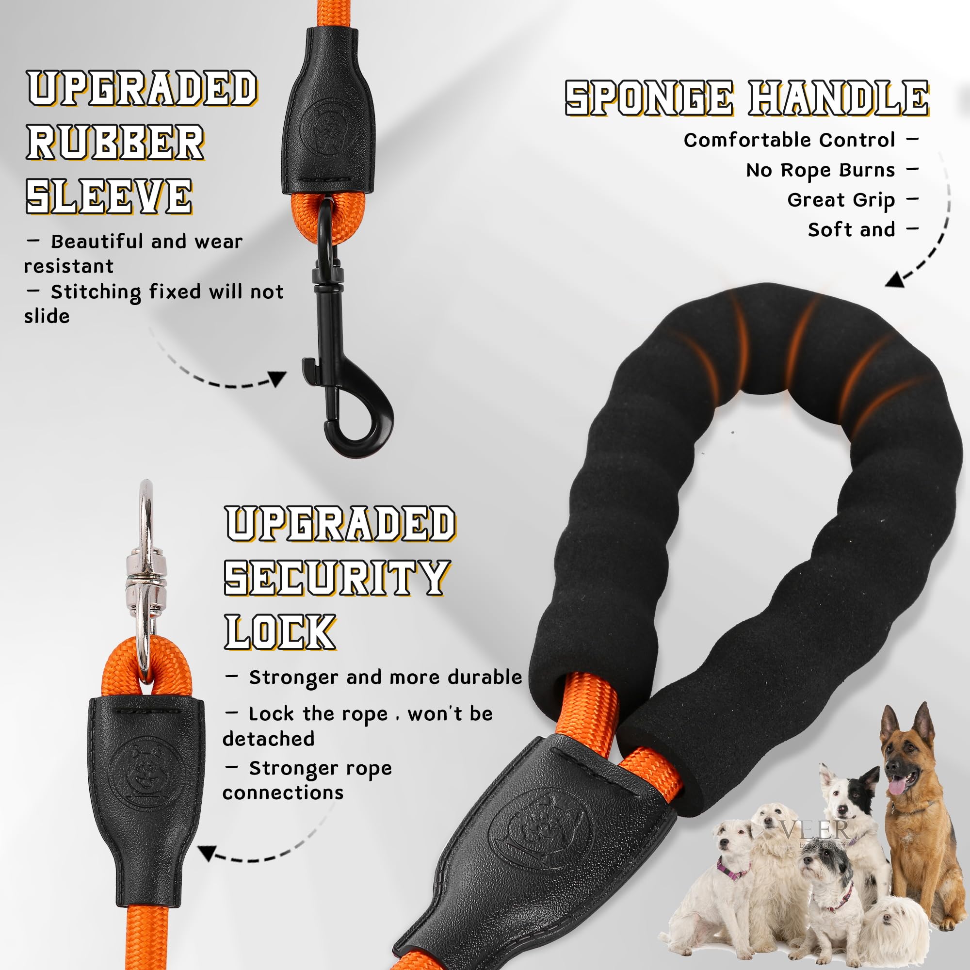 Heavy Duty Three Dog Leash - No Tangle, 360 Swivel, Padded Handle, 2/3 Way, Orange, S/8-40 Lbs