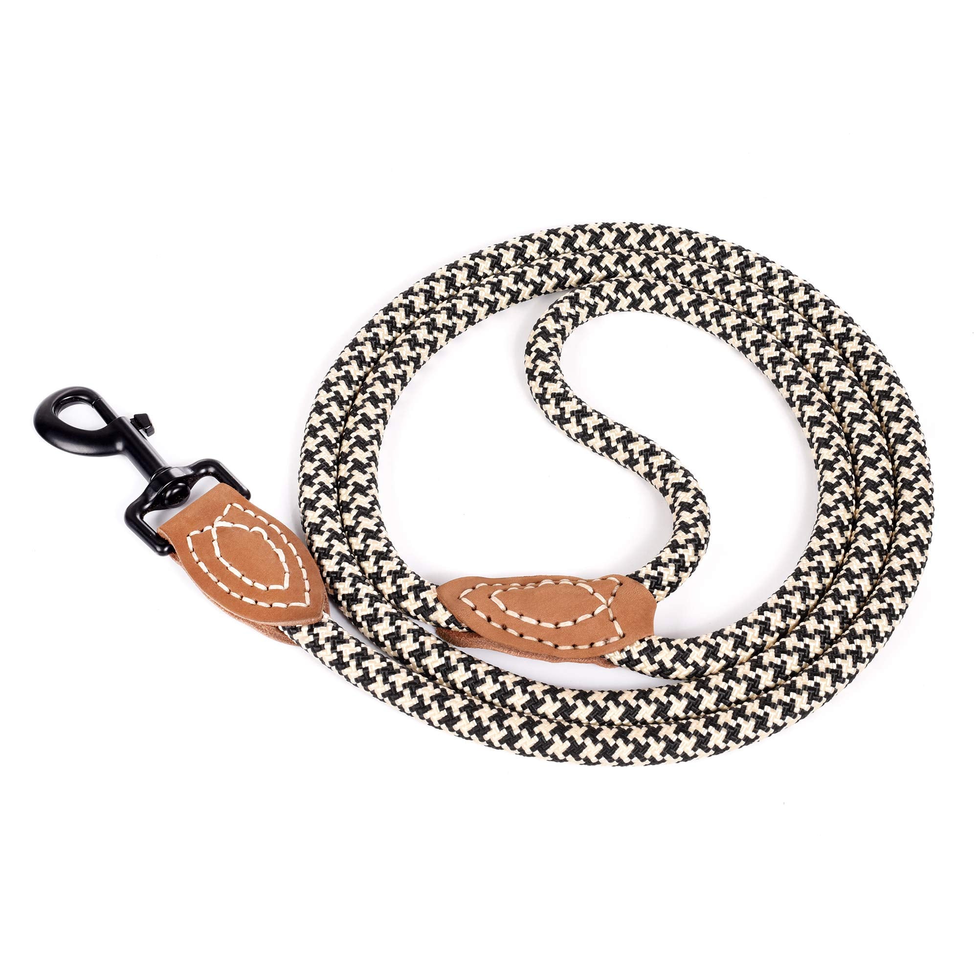 Mile High Life | Mountain Climbing Dog Rope Leash With Heavy Duty Metal Sturdy Clasp | Genuine Leather Tailored Connection With Strong Stitches (Black Khaki, 48 Inch (Pack Of 1))