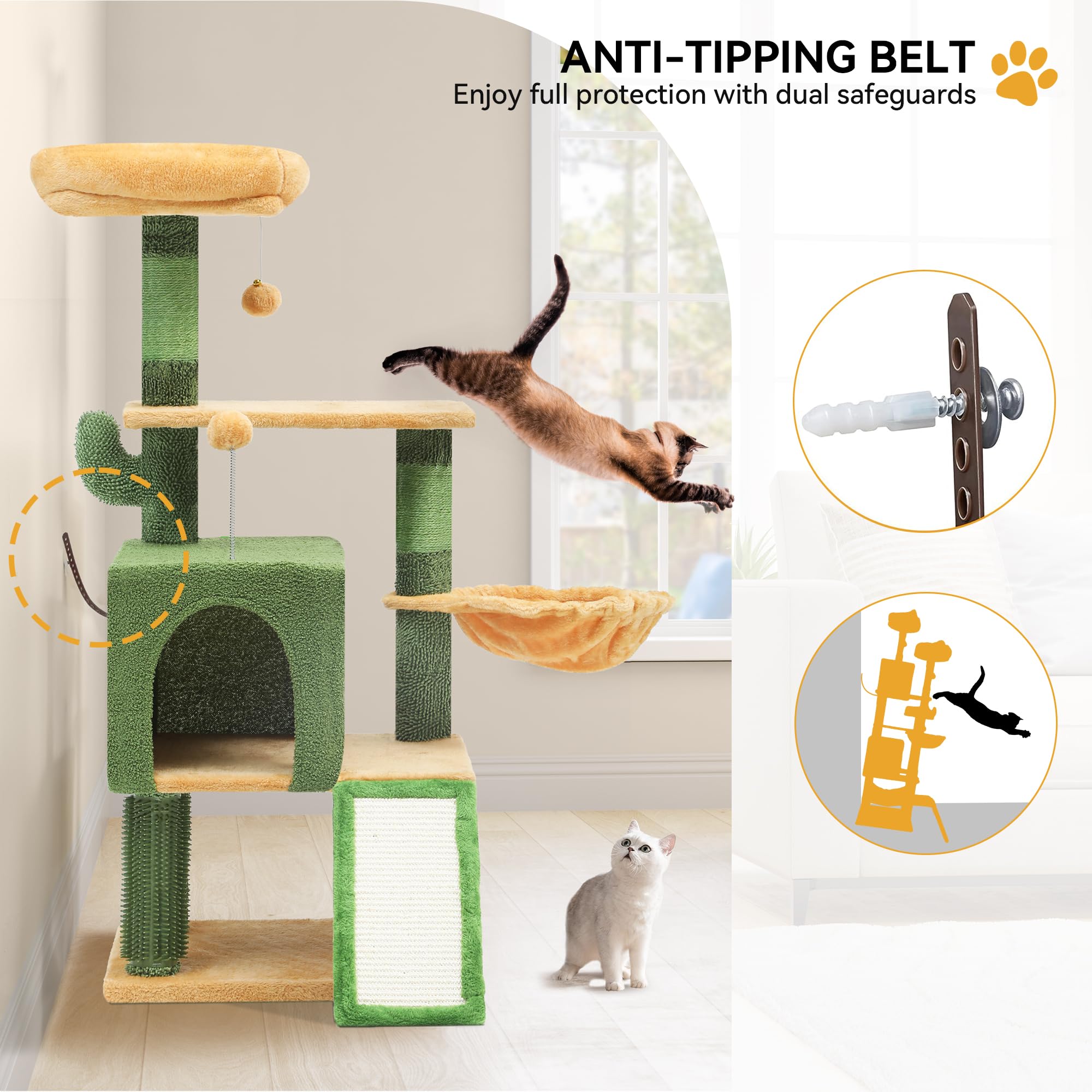 Yitahome 44.5In Tall Cactus Cat Tree Tower With Self-Grooming Brush, Cute Cat Climbing Tower For Indoor Cats With Cat Condo, Plu