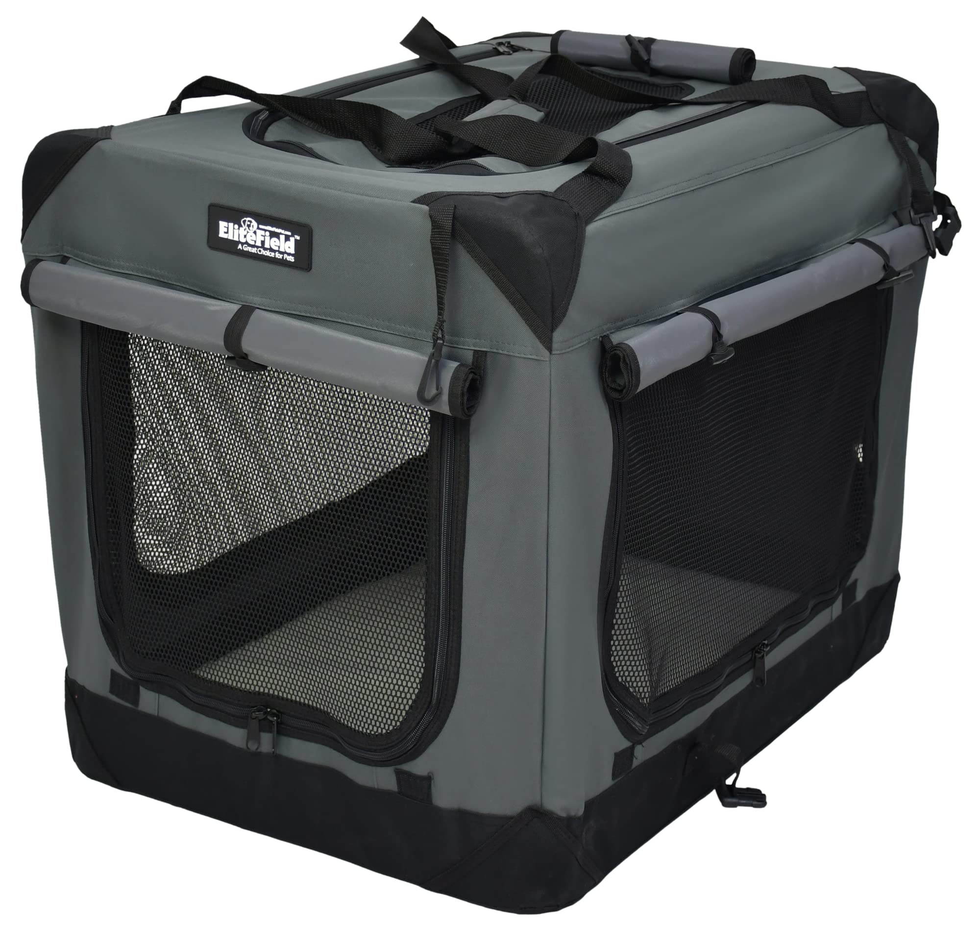 Elitefield 4-Door Folding Soft Dog Crate With Curtains, Carrying Bag And Fleece Bed (2 Year Warranty), Indoor & Outdoor Pet Home (36' L X 24' W X 28' H, Gray+4 Door Curtains)