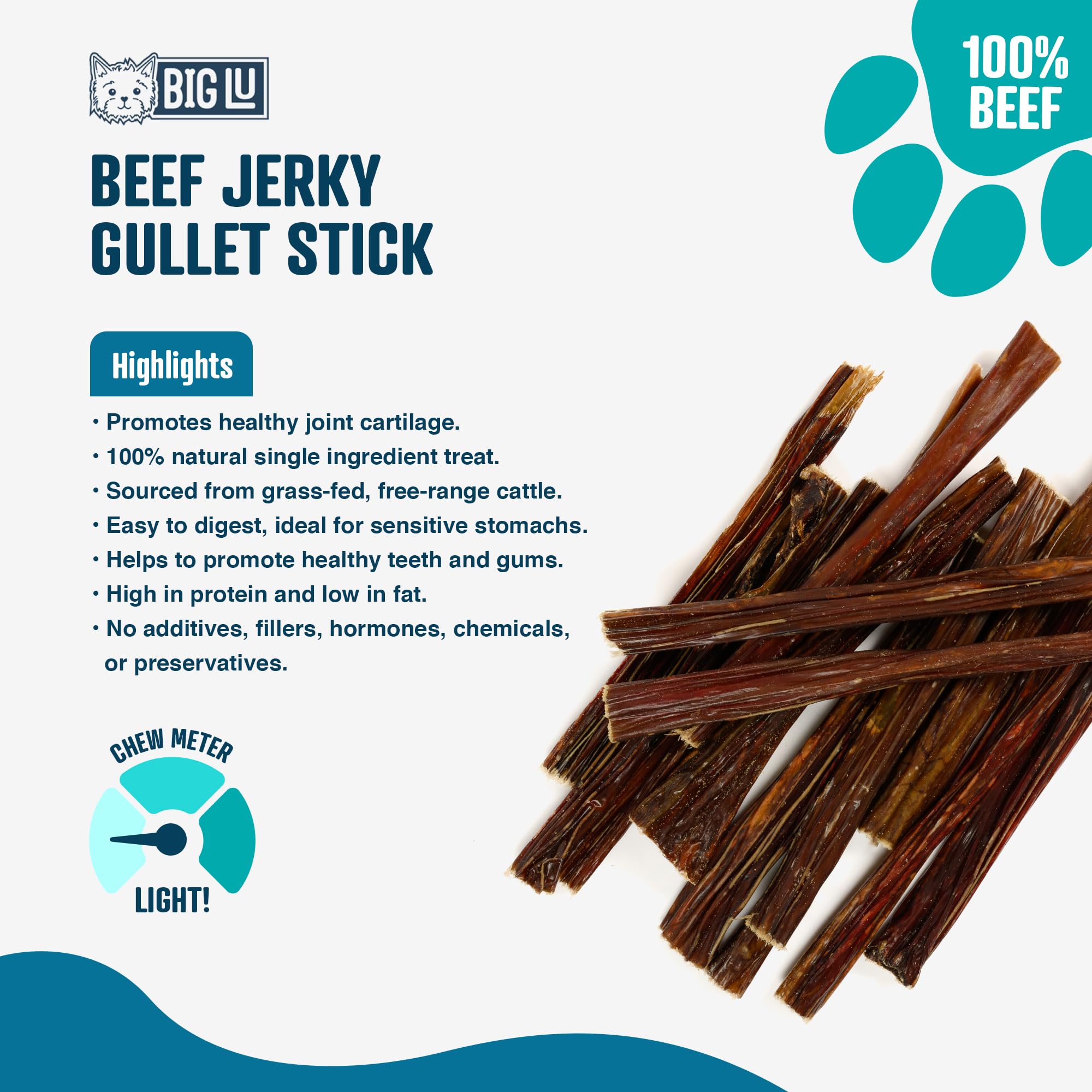 Big Lu - 6-Inch Jerky Gullet Sticks, 12 Count, All-Natural Beef Dog Chews, Grass-Fed, Free-Range, Digestible Treats with Glucosa