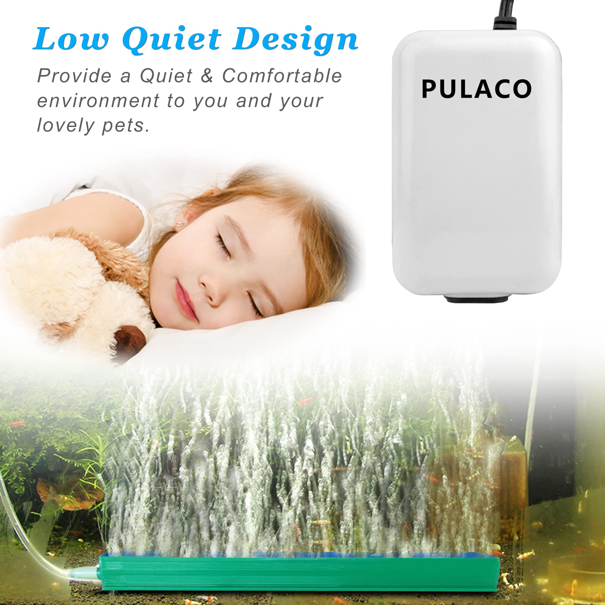 PULACO Dual Outlet Aquarium Air Pump - Quiet Oxygen Pump for 10-100 Gallon Tanks with Accessories, White