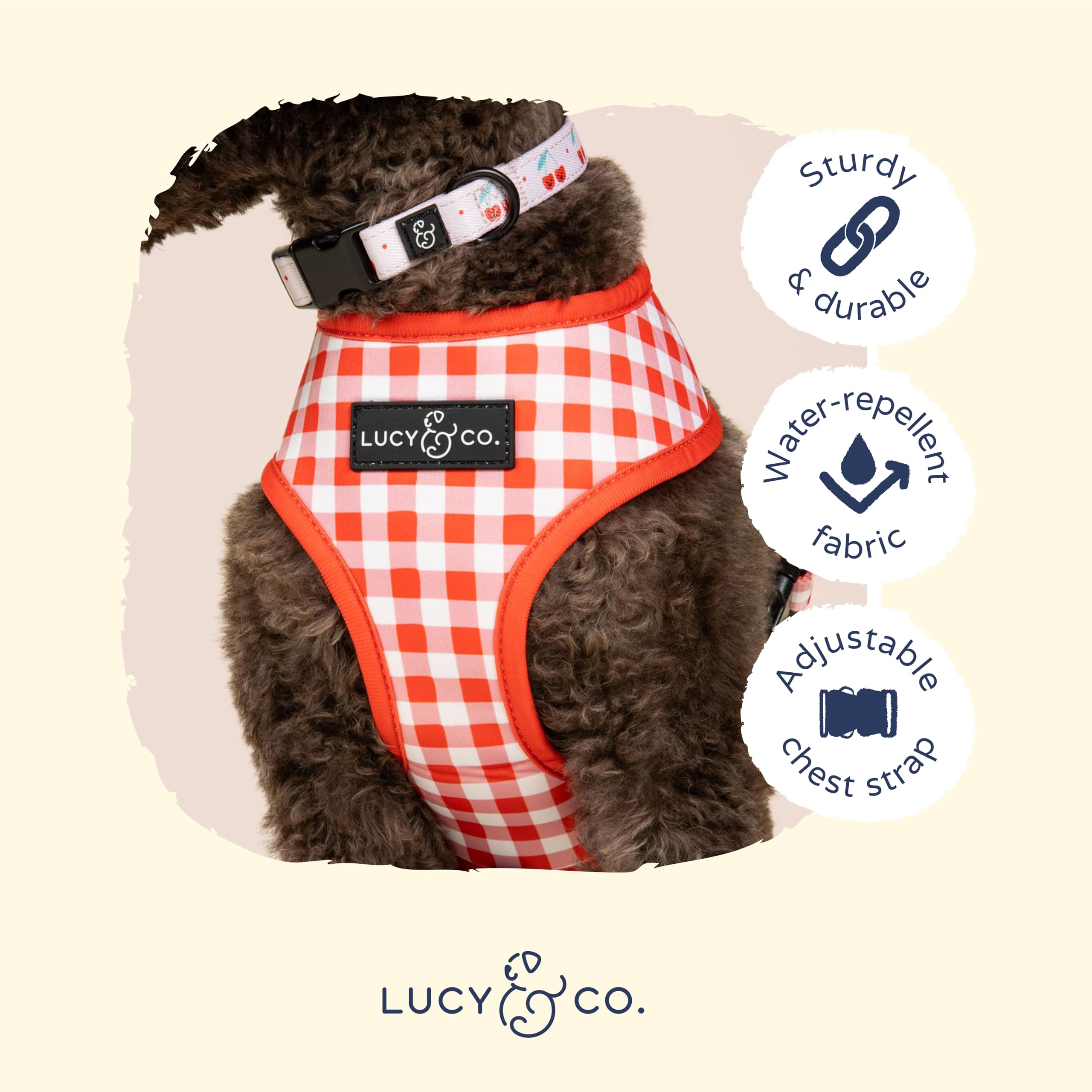 Lucy & Co. Cheery Cherries, Cute Reversible Dog Harness Walking Halter - Best Designer Pet Harnesses For Xs - Xl Dogs - Padded A