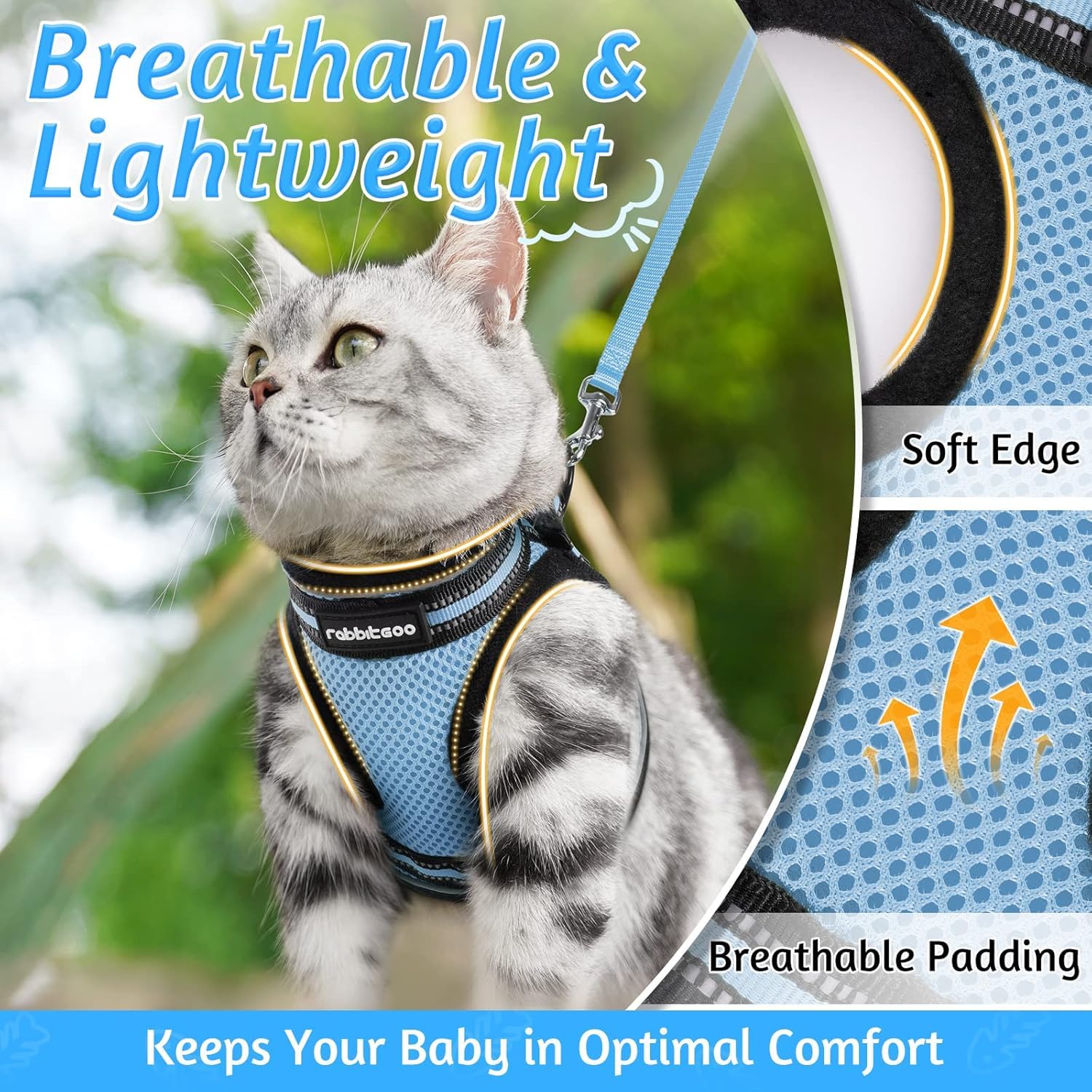 Rabbitgoo Cat Harness And Leash Set For Walking Escape Proof, Adjustable Soft Kittens Vest With Reflective Strip For Cats, Comfortable Outdoor Vest, Light Blue, Xl
