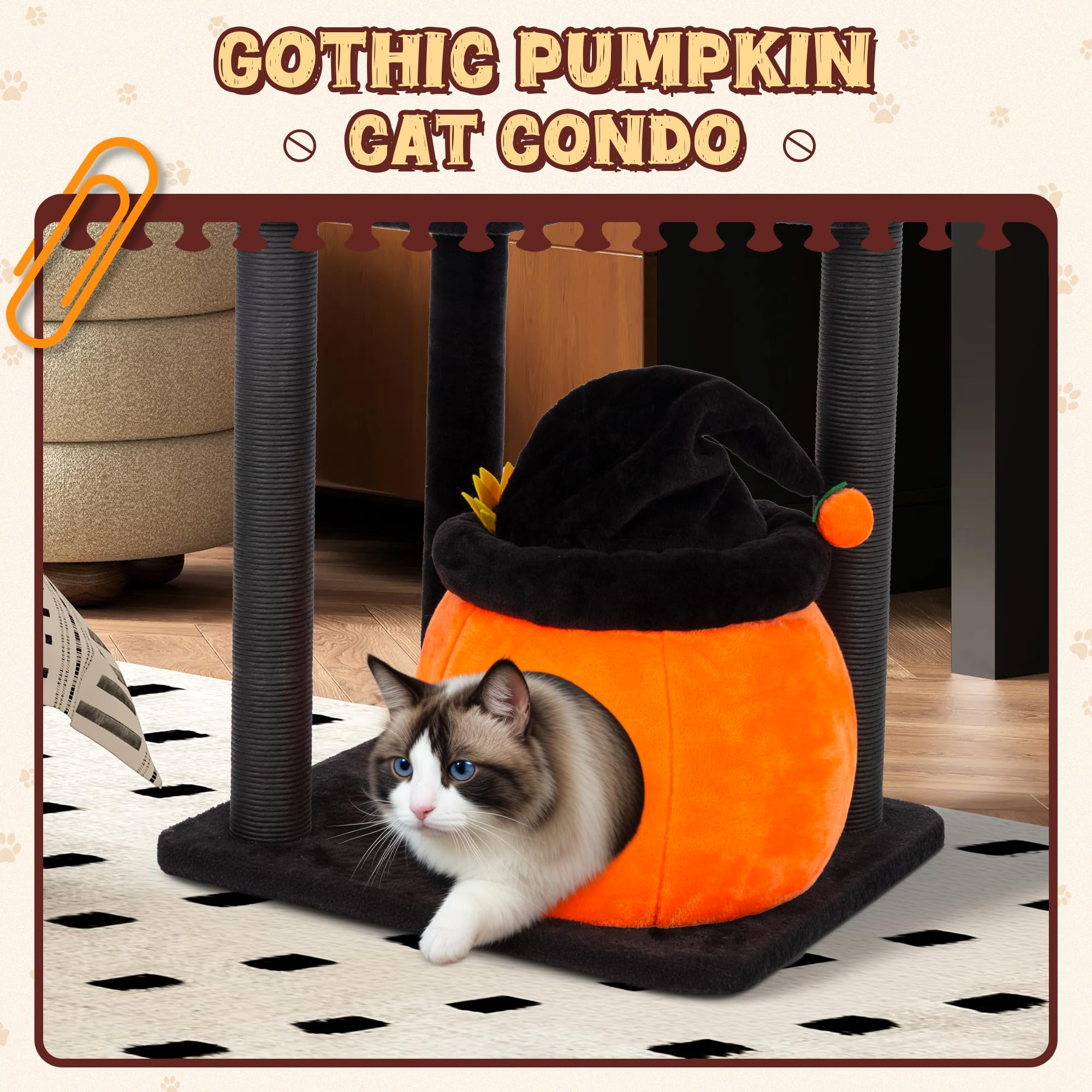 Kamaboko Gothic Cat Tree, 44.8    Black Cat Tower For Indoor Cats With Sisal Scratching Posts, Spacious Cat Condo, Self Groomer,