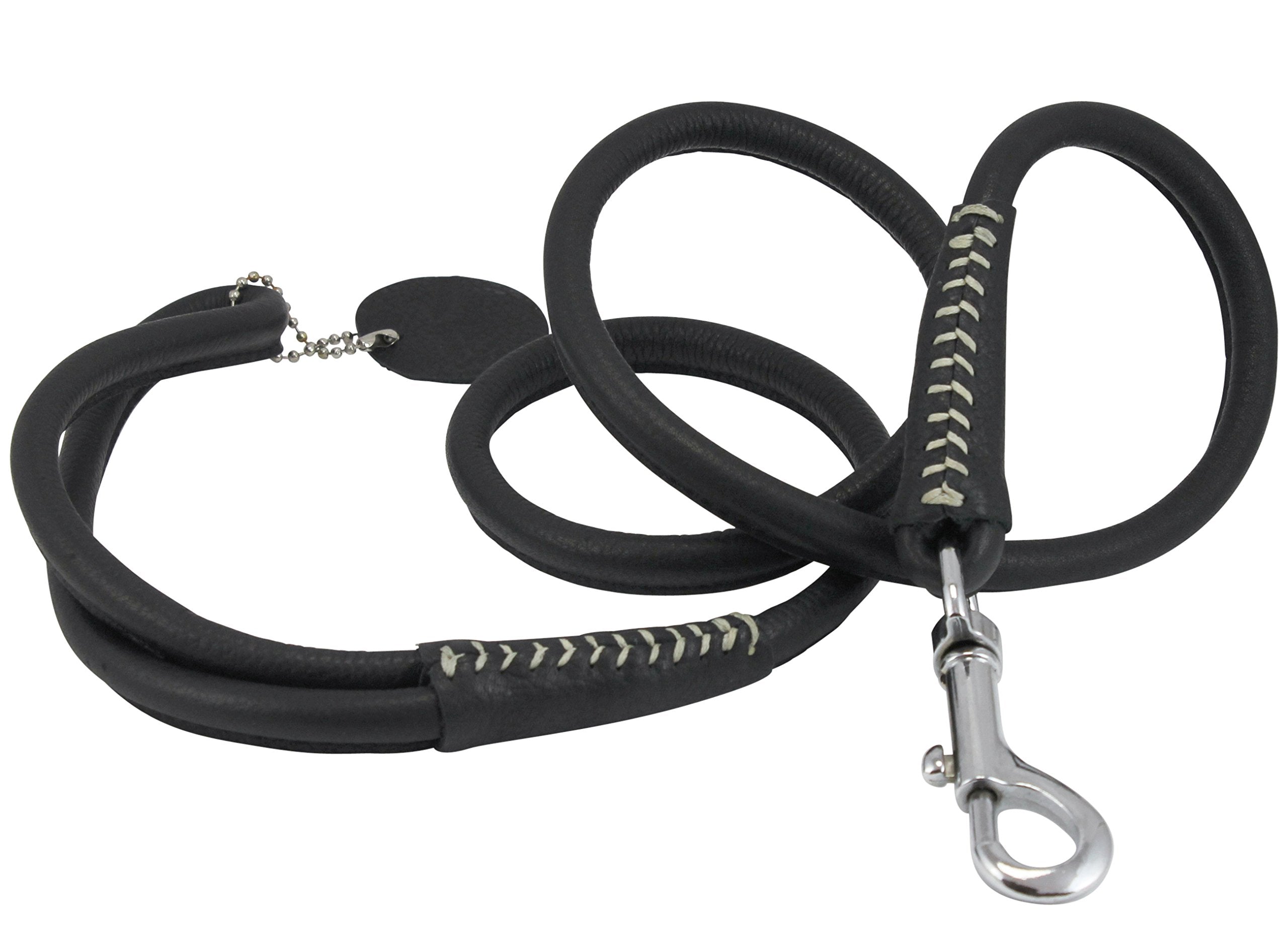 Round Genuine Rolled Leather Dog Leash 4' Long 1/2' Wide Black For Medium Breeds