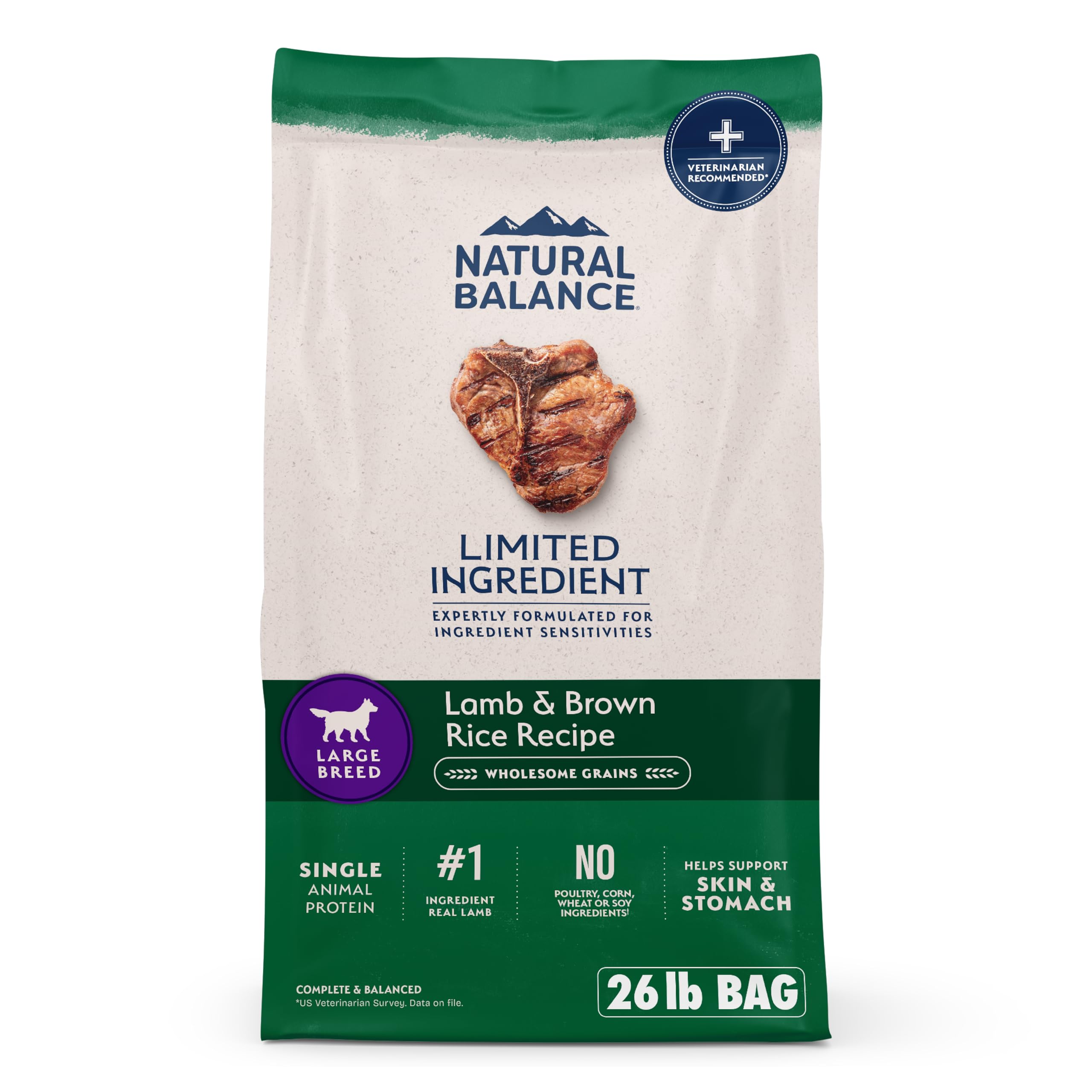 Natural Balance Limited Ingredient Large Breed Adult Dry Dog Food with Healthy Grains, Lamb & Brown Rice Recipe, 26 Pound (Pack