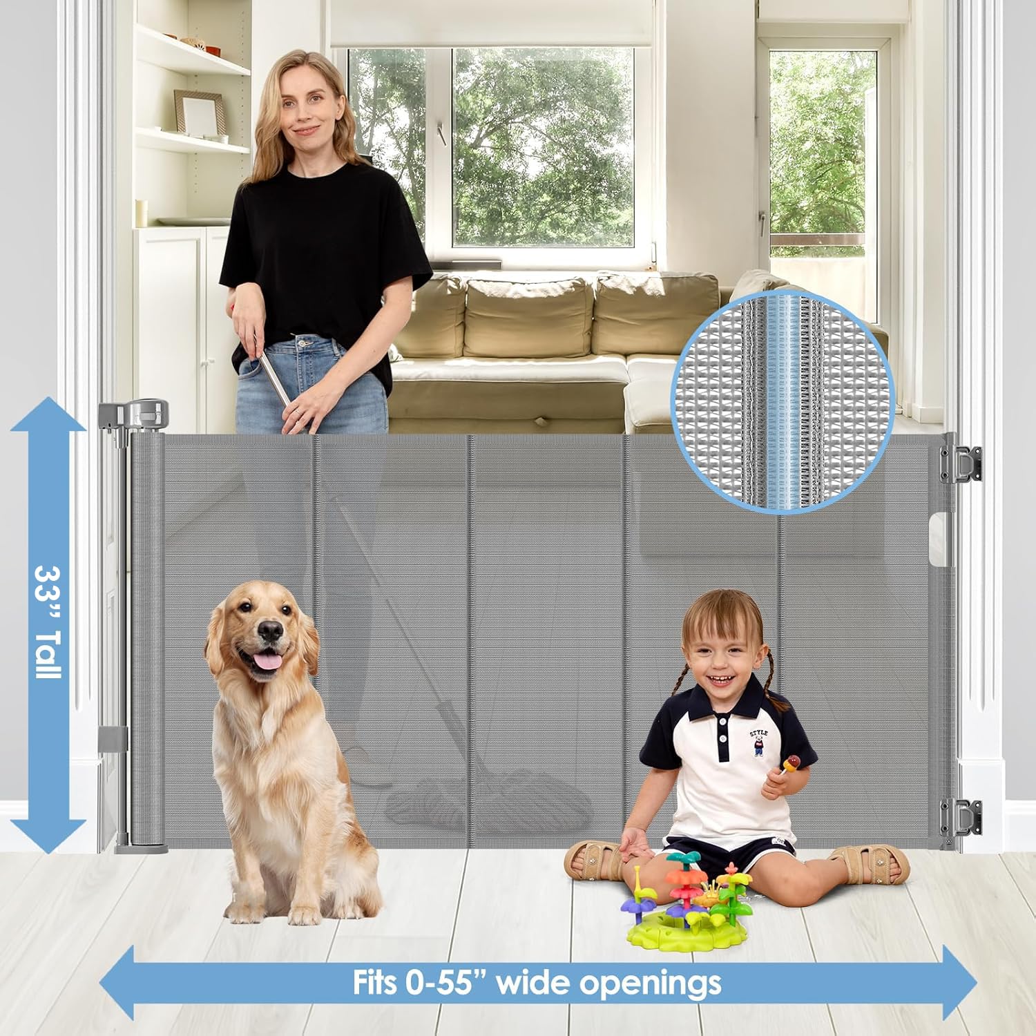 Reinforced Retractable Baby Gates with Support Rods, Retractable Gate for Babies and Pets Prevent Bottom Crawling Through, Exten