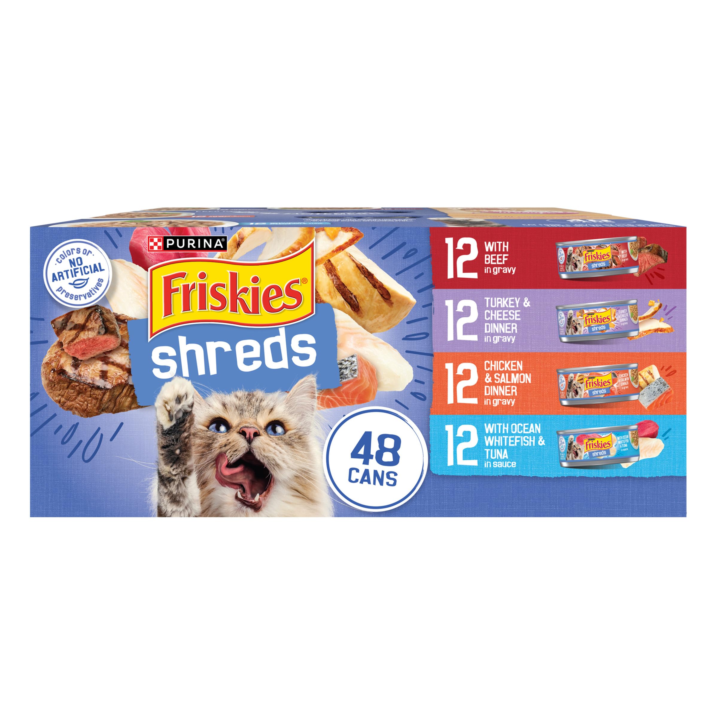 Purina Friskies Wet Cat Food Variety Pack, Shreds With Beef, Turkey and Cheese Dinner, Chicken and Salmon Dinner, and With Ocean