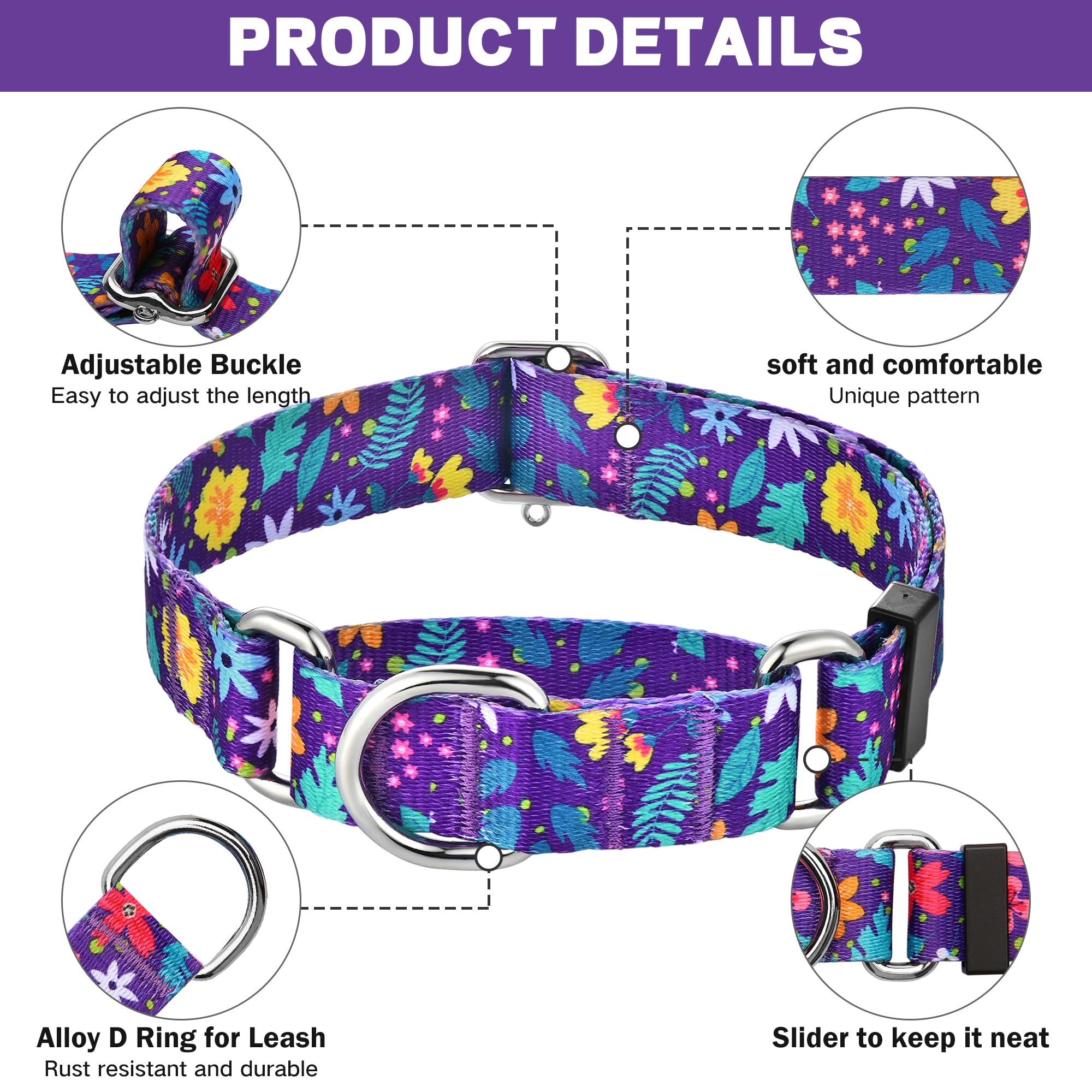 Hikiko Martingale Collar For Dogs With No Buckle Flower Dog Collars Pretty Cute Purple Dog Collar For Large Dogs,Colourful Bloss