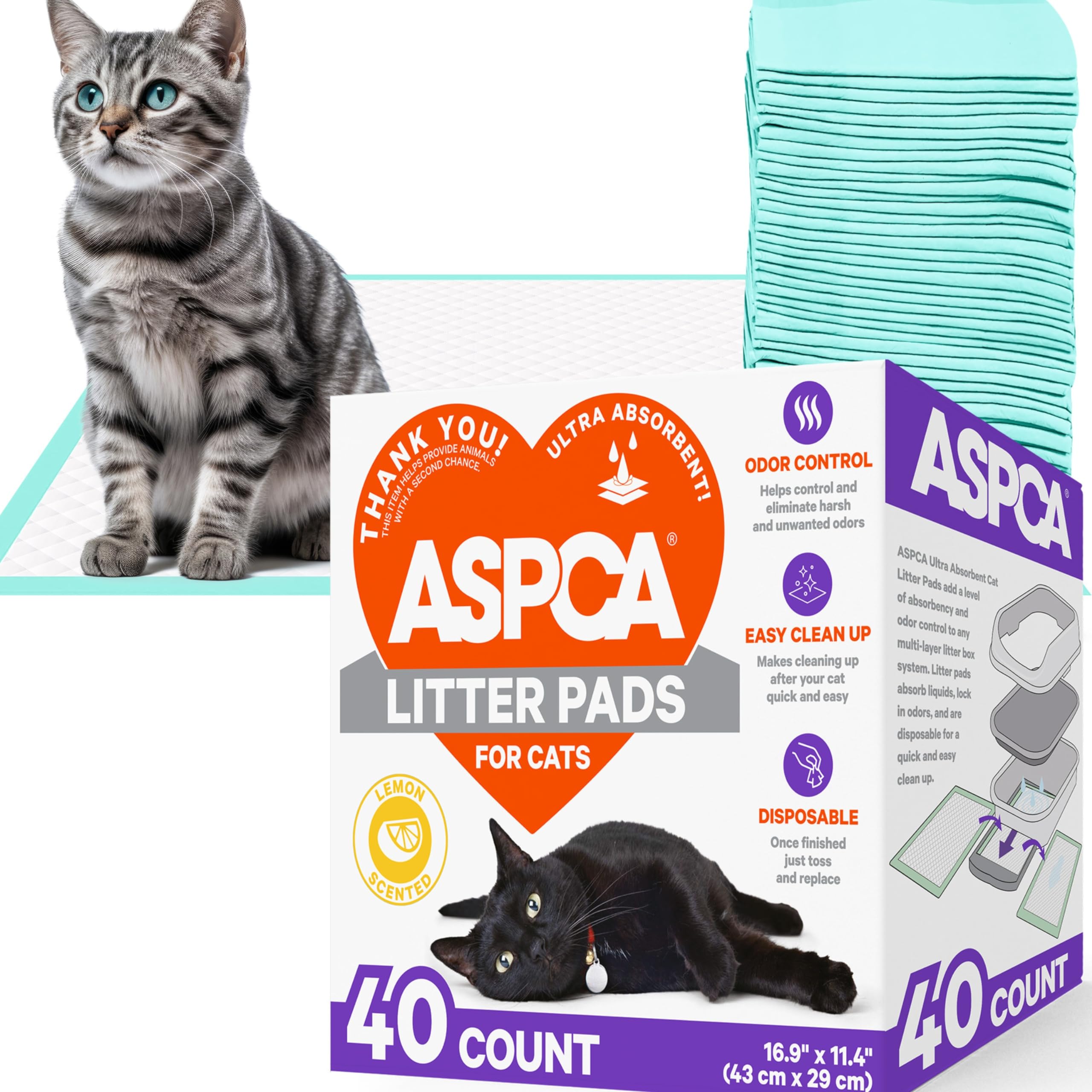 Aspca Lemon Scented Cat Pad Refills For Litter Box System Size 16.9 X 11.4 Inch - Pack Of 40