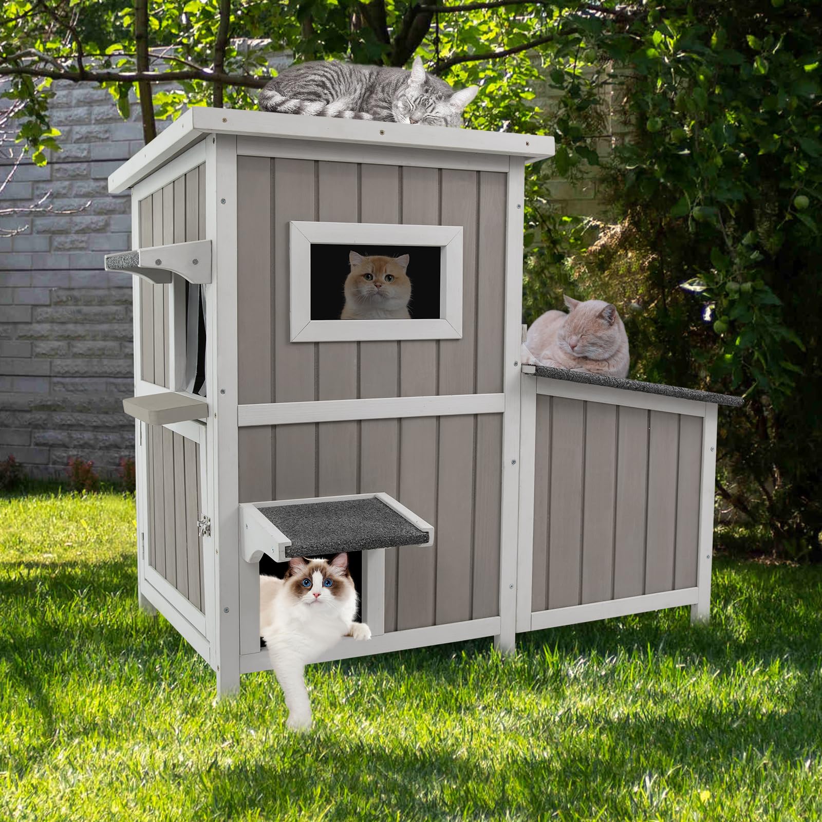 Cat House Outdoor Cat Shelter For 2-3 Feral Cats Two Story Wooden Cat Houses For Outside Cats Weatherproof In 3 Rooms,With Asphl
