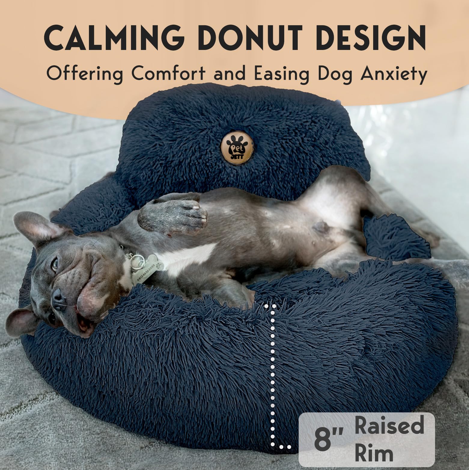 Petjett Calming Dog Bed - Donut Dog Beds For Small, Medium, Large Dogs, Anti-Slip & Washable Round Dog Bed - Fluffy Plush Faux F