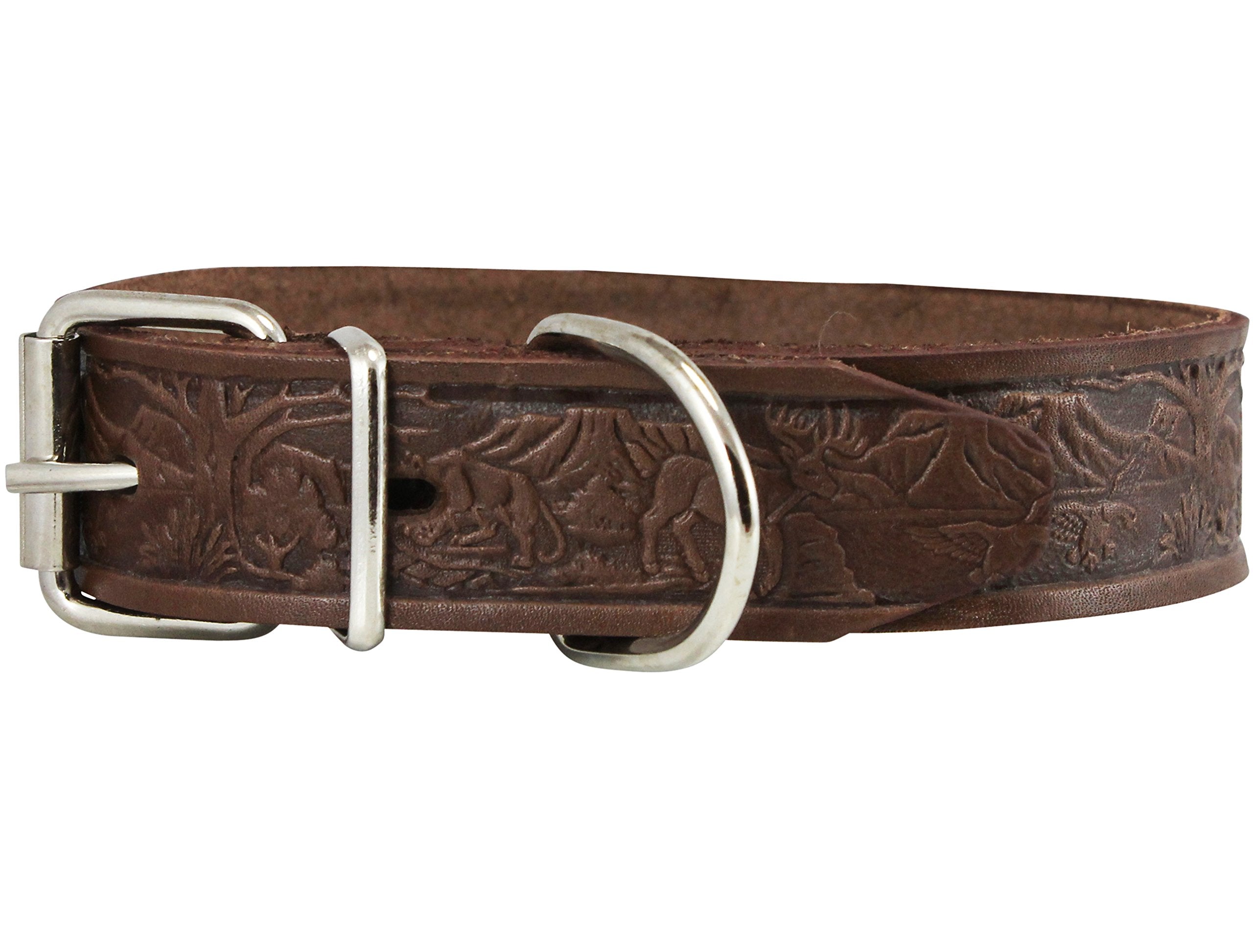 Genuine Tooled Leather Dog Collar Hunting Pattern Brown 3 Sizes (Neck Circumf: 10.5''-14''; 1'' Wide)