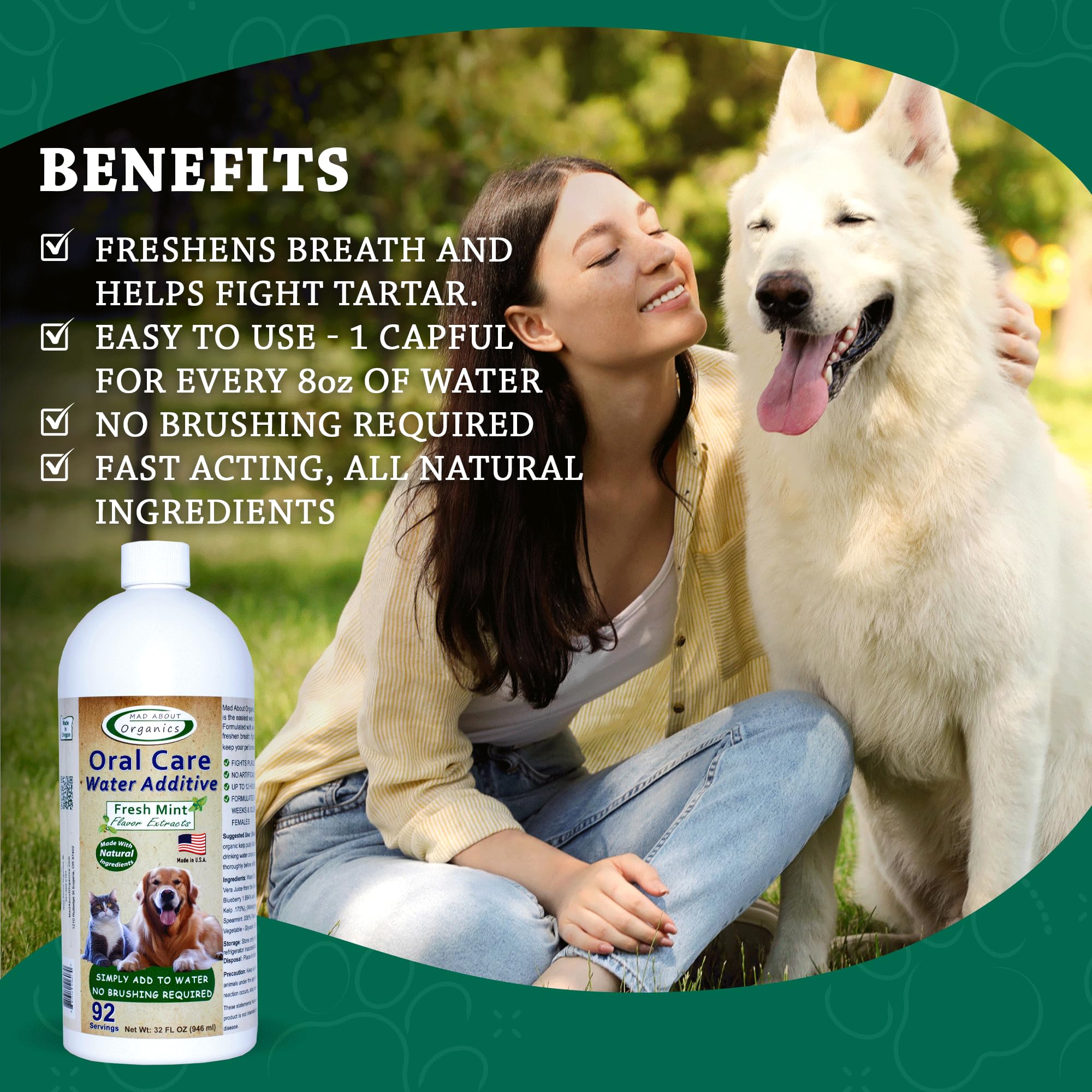 Mad About Organics Oral Care Water Additive for Cats & Dogs, Fresh Mint Flavor, 32 FL OZ, Gentle Dental Support