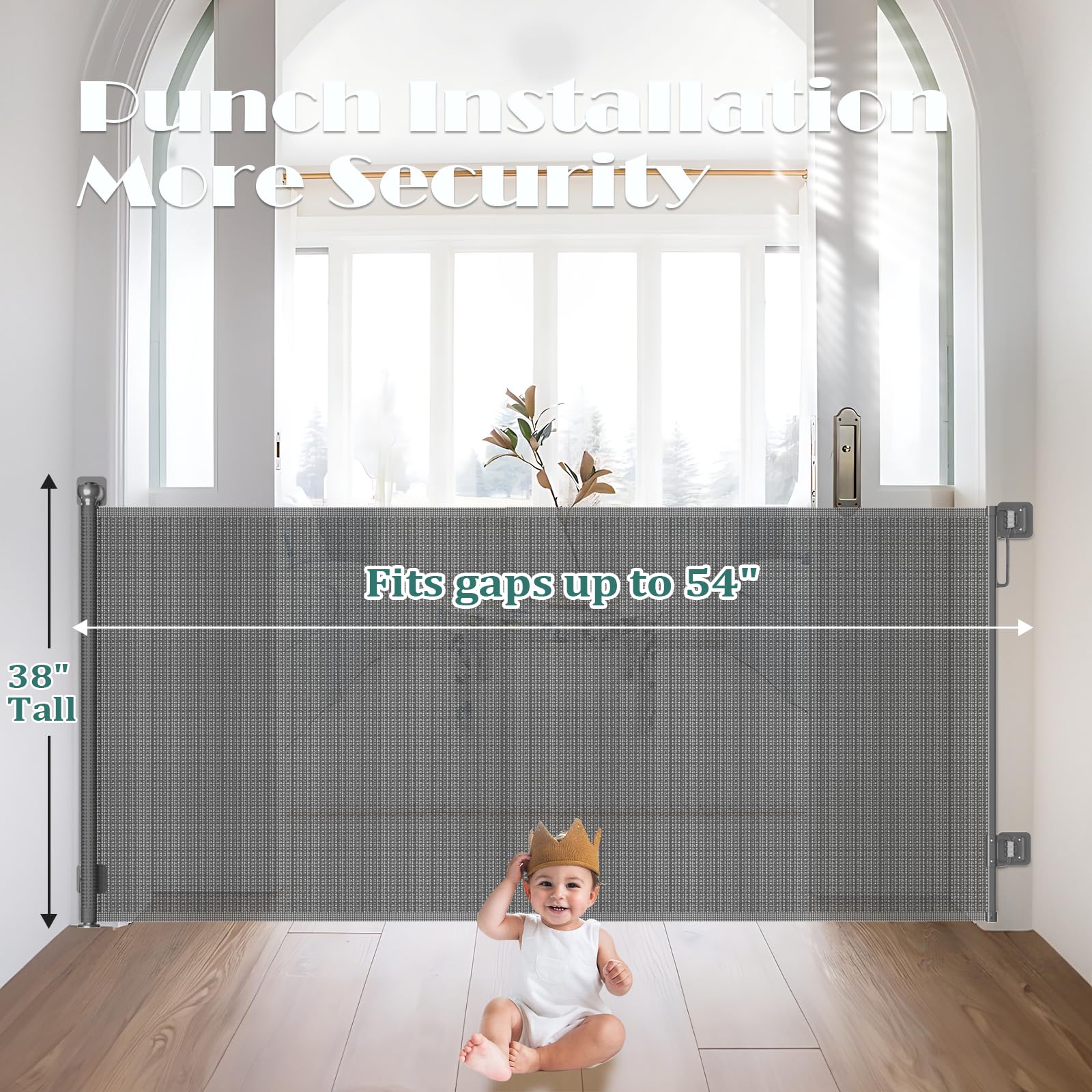 Retractable Baby Gates No Drilling | 54 Wide x 38 Tall Dog Gates for Stairs | Indoor/Outdoor Use | Child Gates for Doorways, Dec
