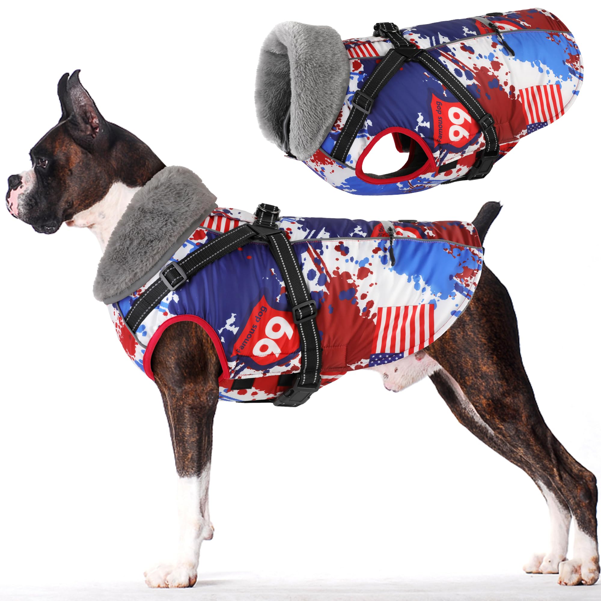 Dogcheer Dog Coat With Harness, American Flag Dog Jacket Waterproof Puppy Winter Coat With Pocket, Reflective Adjustable Pet Tur