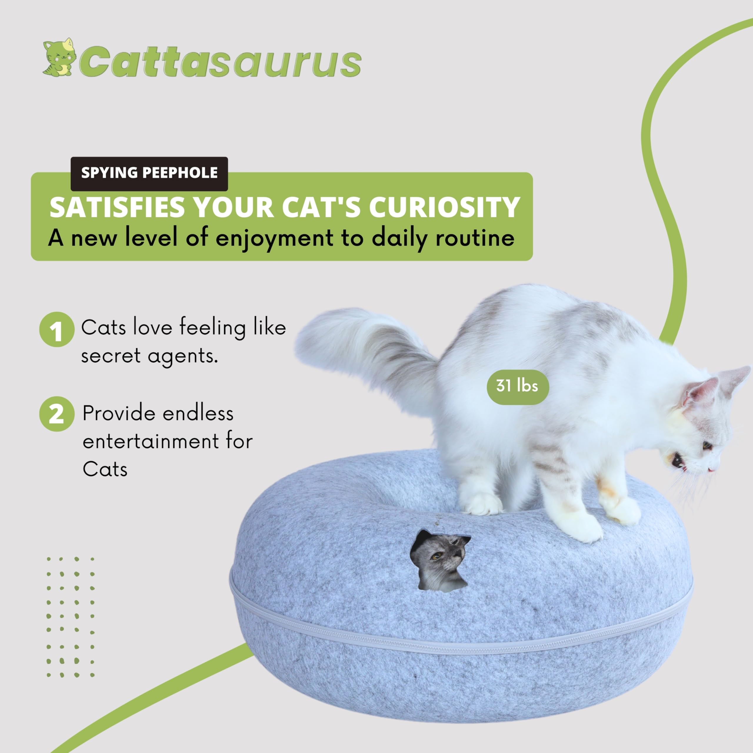 Cattasaurus Peekaboo Cat Cave For Multiple & Large Cats Up To 30-45 Lbs, Scratch Detachable & Washable Tunnel Bed, Comfy Donut Cat Cave (Light Gray, Jumbo)