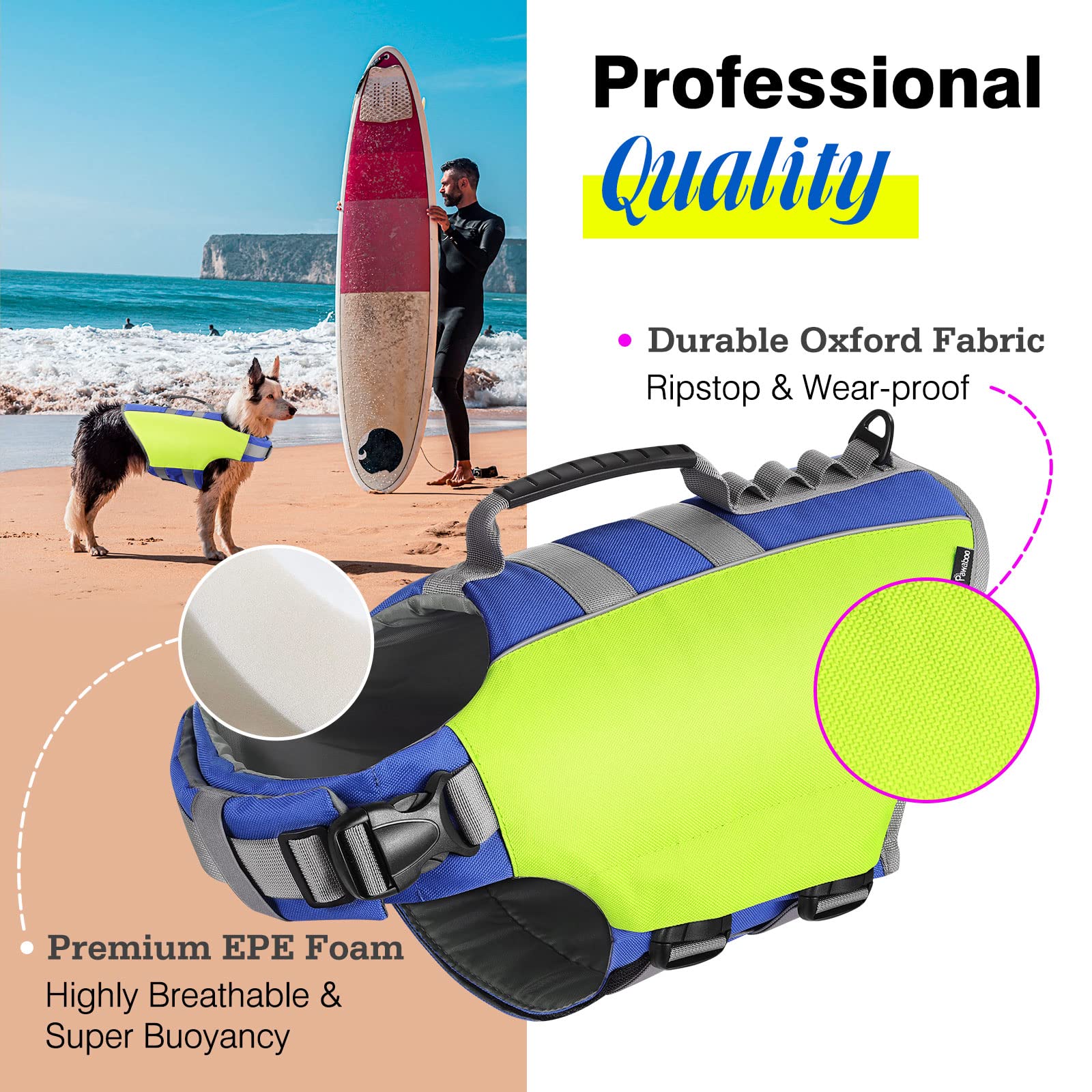 Pawaboo Dog Life Jacket, Reflective Safety Vest With Adjustable Pet Life Preserver, Ripstop Dog Lifesaver For Swimming, Boating