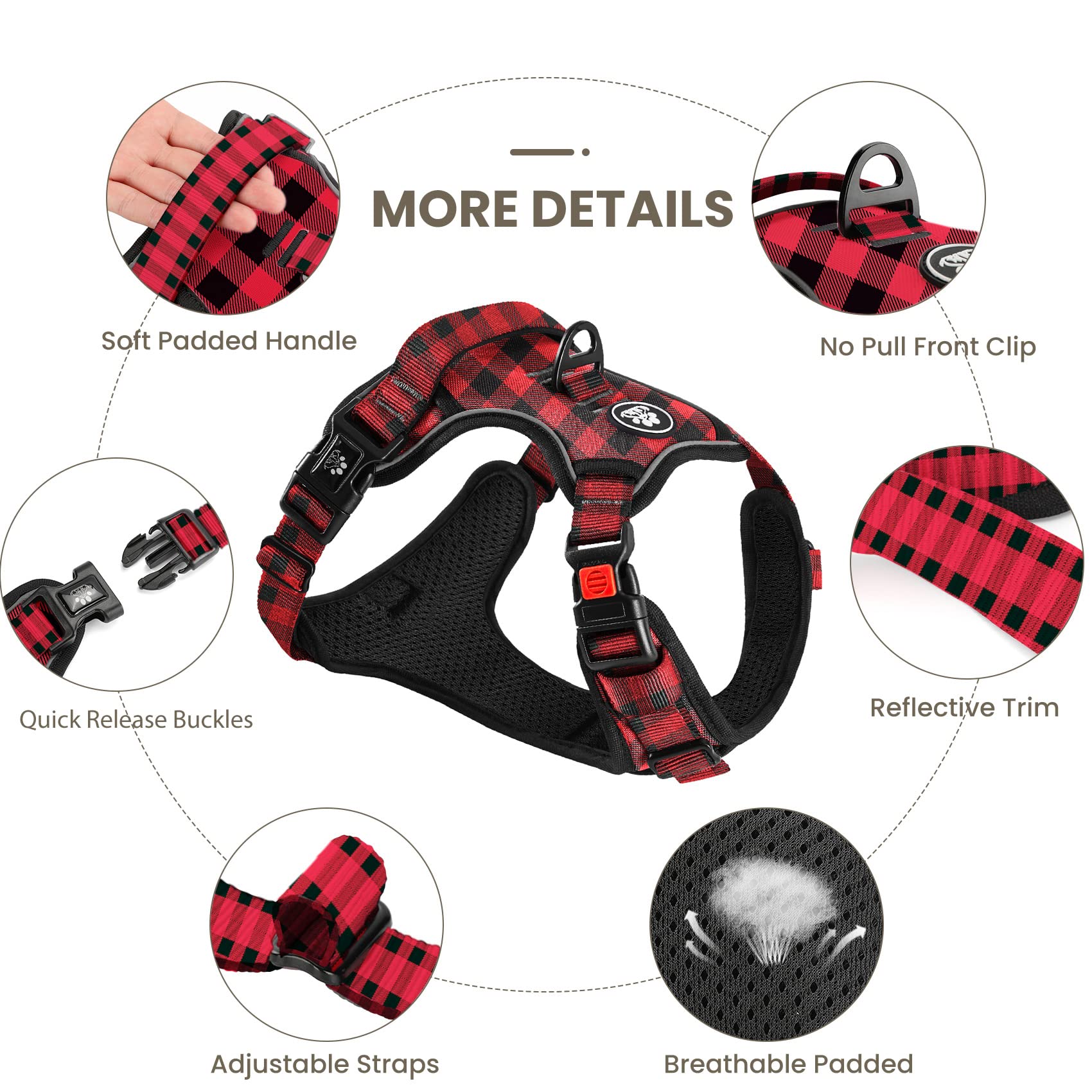 Furryfection Plaid Dog Harness For Extra Large Dogs, No Pull Reflective Pet Harness, No Choke Vest Harnesses With Leash, Easy Control Handle, Adjustable Front Lead & Seat Belt, Red & Black,Xl