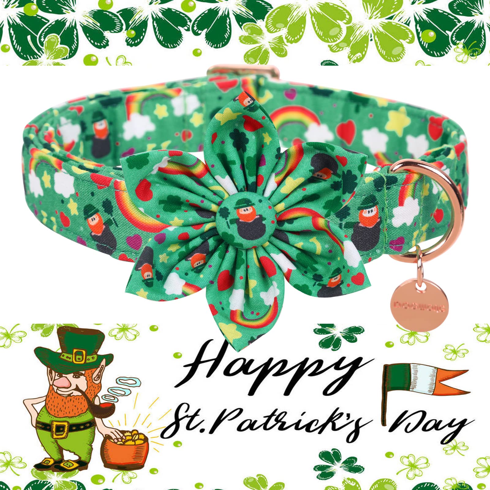Dogwong Green Lucky Clover Shamrock Dog Collar With Flower, Soft Adjustable St. Patrick'S Day Lucky Charm Puppy Collar For Small