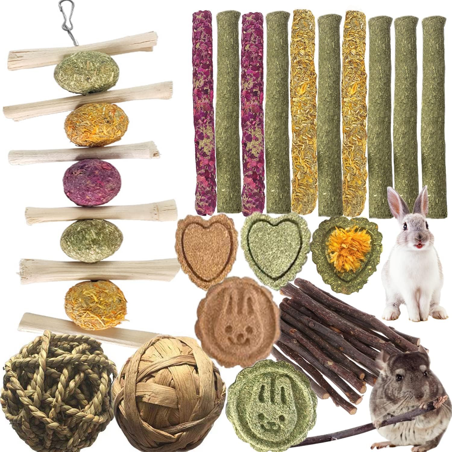 28Pcs Bunny Chew Toys For Teeth, Natural Rabbit Hamsterstoys Apple Wood Grass Timothy Sticks Chew And Treat For Guinea Pigs Chin