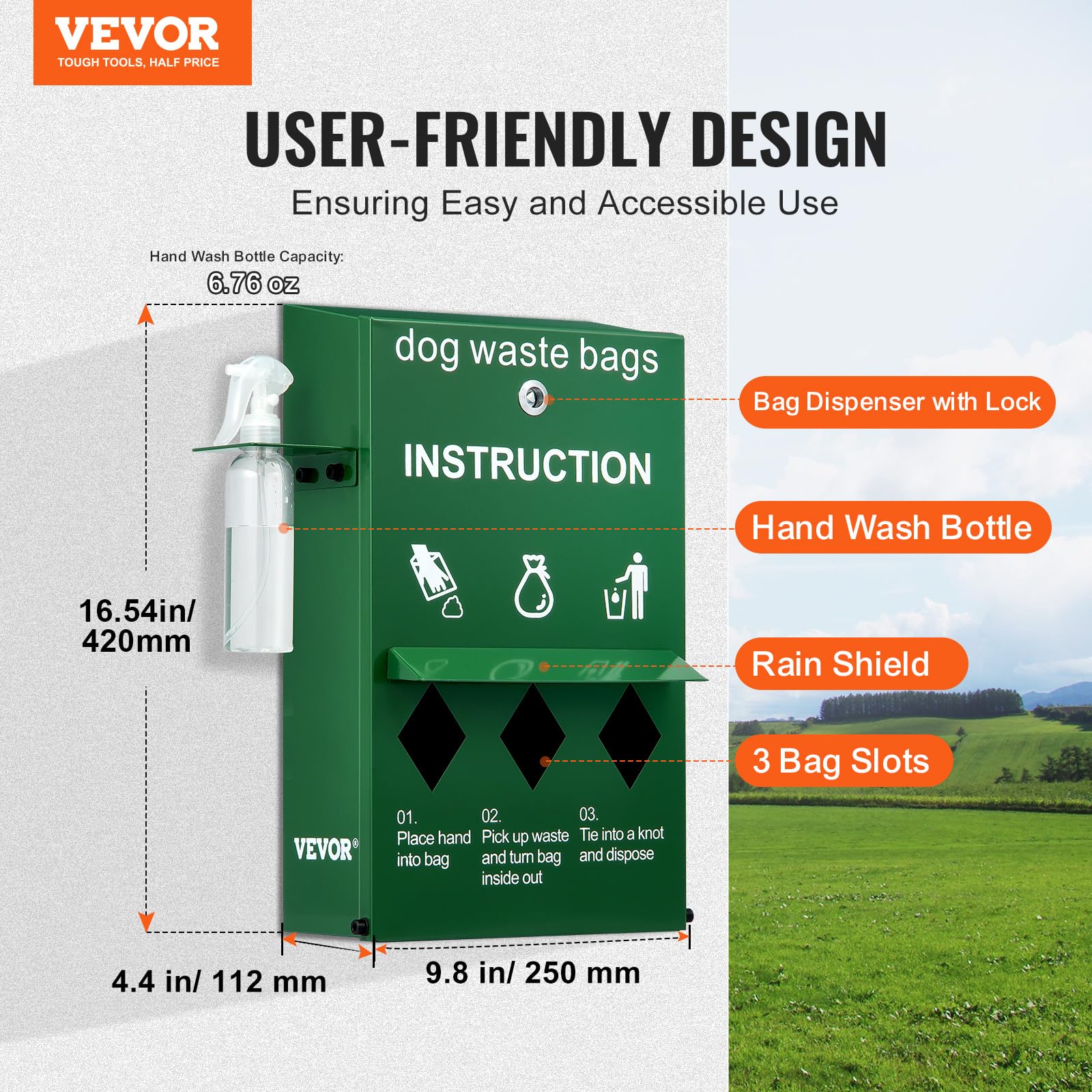 VEVOR Dog Poop Bag Dispenser with Hand Wash Bottle, Lockable Outdoor Dog Waste Bag Holder with 600 Waste Bags, Stake, Pole, Fenc