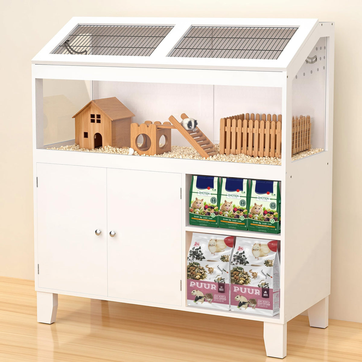 Hamster Cage, Large Hamster Cage with Storage Cabinet, Gerbil Cage and Habitat with Easy View Acrylic Panel, Wood Small Animal C