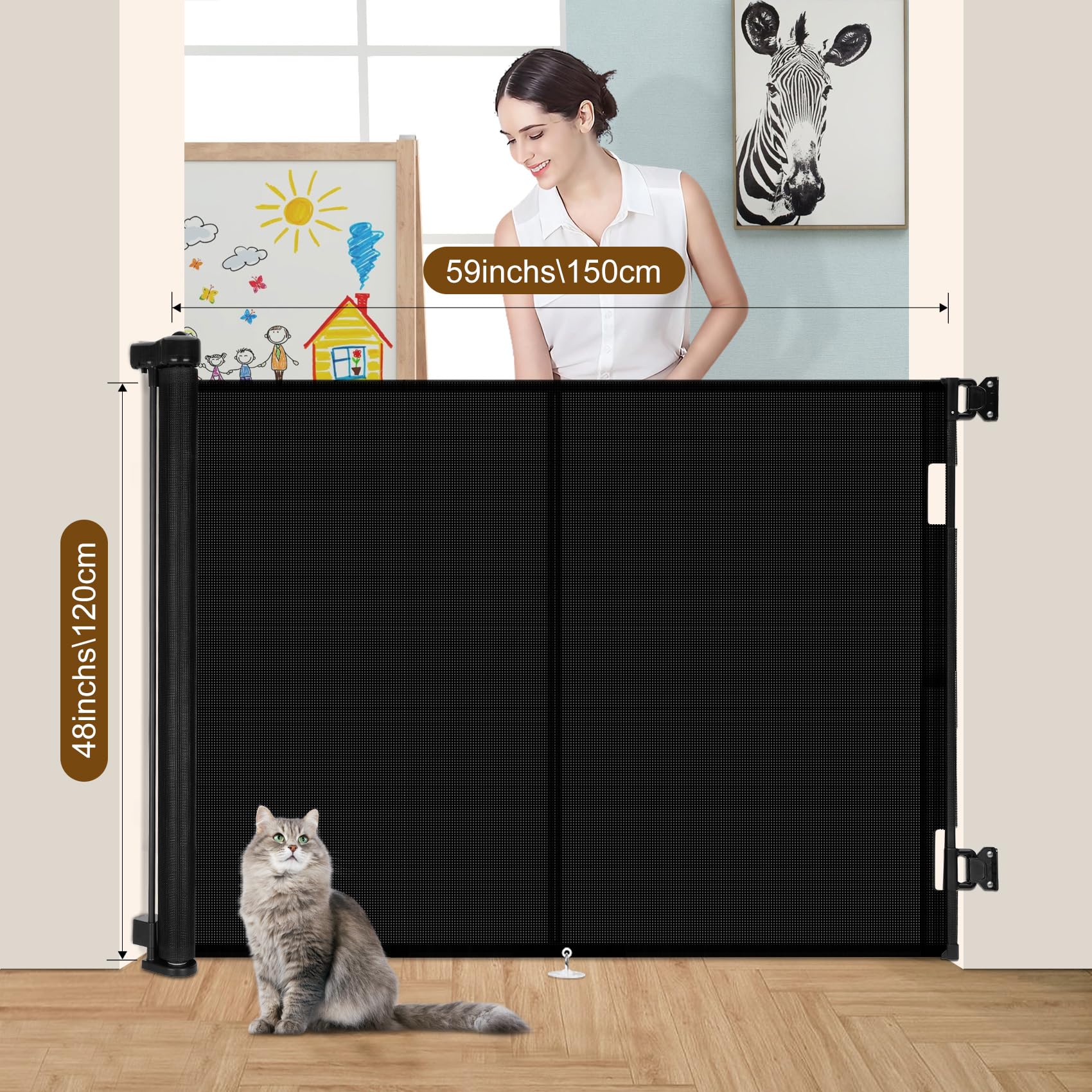 Upgrade 59' Retractable Baby Gates With Reinforced Strip Design To Prevent Crawling Through, 48' Tall Retractable Gate For Baby And Pet, 5 Ft Baby Gates For Stairs, Doorways, Hallways (Black)