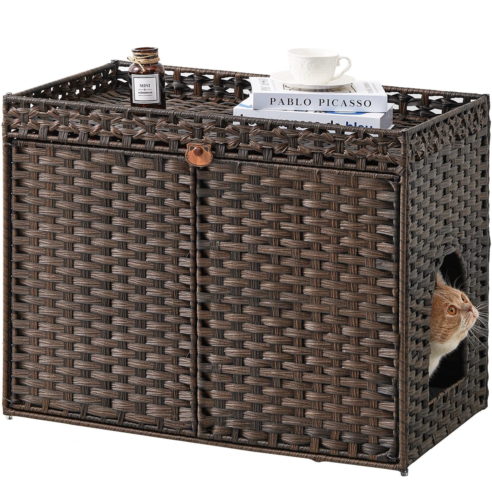 Setvson Cat Litter Box Enclosure Furniture, Handwoven Rattan Hidden Litter Box With Mat, Large Space Cat House With 2 S-Shaped H