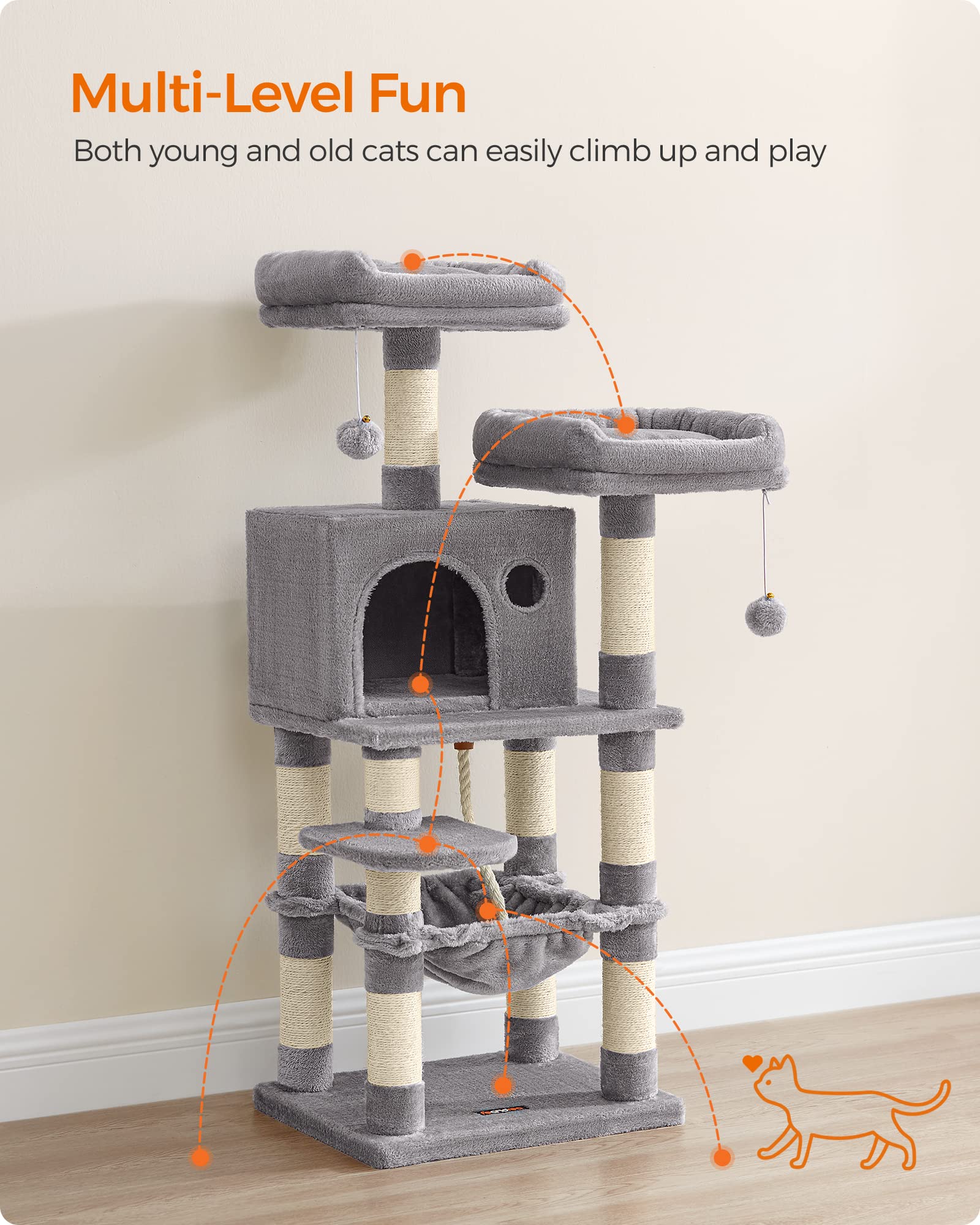 Feandrea Cat Tree, 44.1-Inch Cat Tower For Indoor Cats, Multi-Level Cat Condo With 11 Scratching Posts, 2 Perches, Cave, Hammock, Light Gray Upct215W01