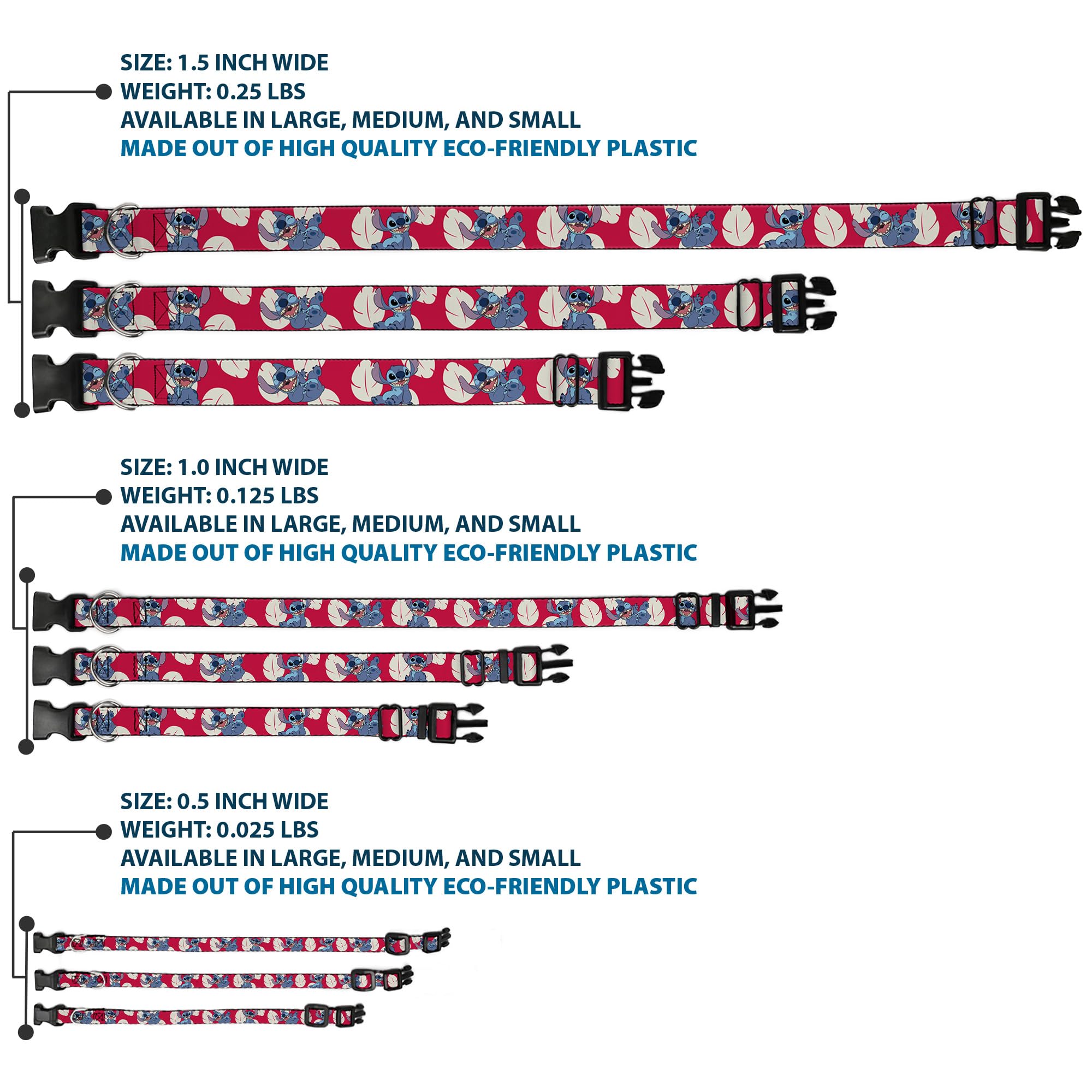 Buckle-Down Dog Collar Plastic Clip Lilo Stitch 4 Poses Lilo Dress Leaves Red Ivory 15 To 26 Inches 1.0 Inch Wide