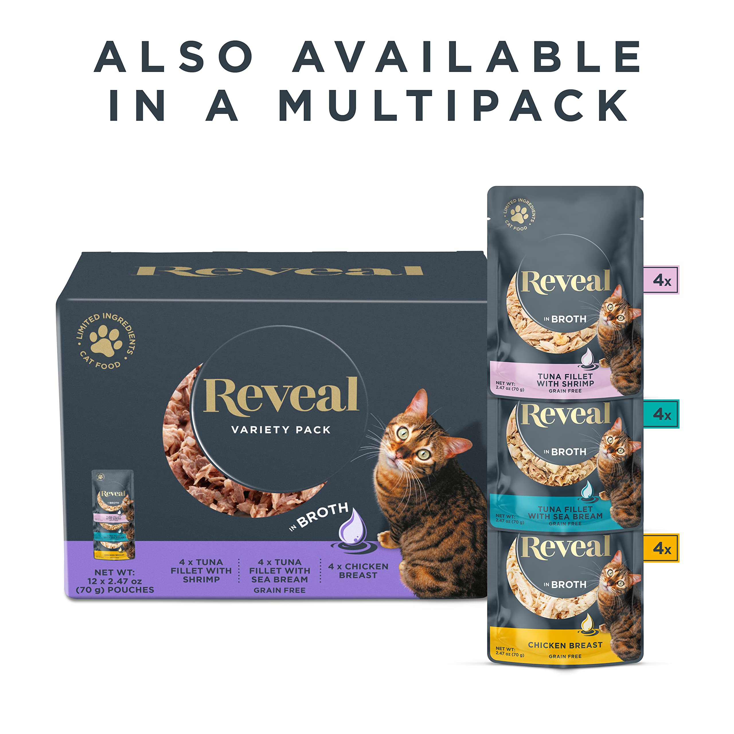 Reveal Natural Wet Cat Food, 12 Count, Grain Free, Limited Ingredient Cat Food Pouches, Tuna with Shrimp in Broth, 2.47 oz Pouch