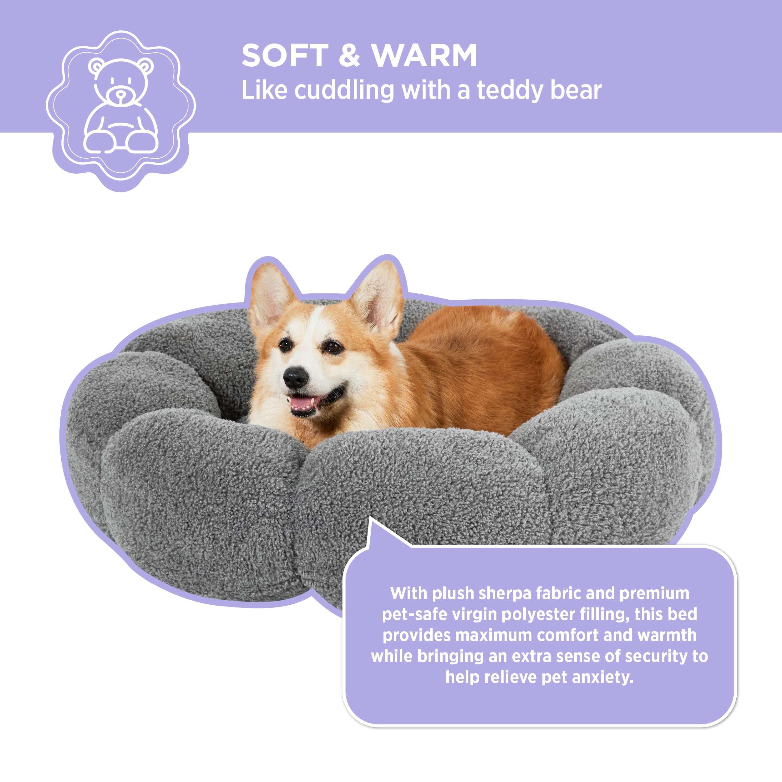 LE SURE Large Dog Bed - Calming Flower Donut Design, Plush Teddy Sherpa, Non-Slip, Grey, 36" for Pets up to 100 lbs