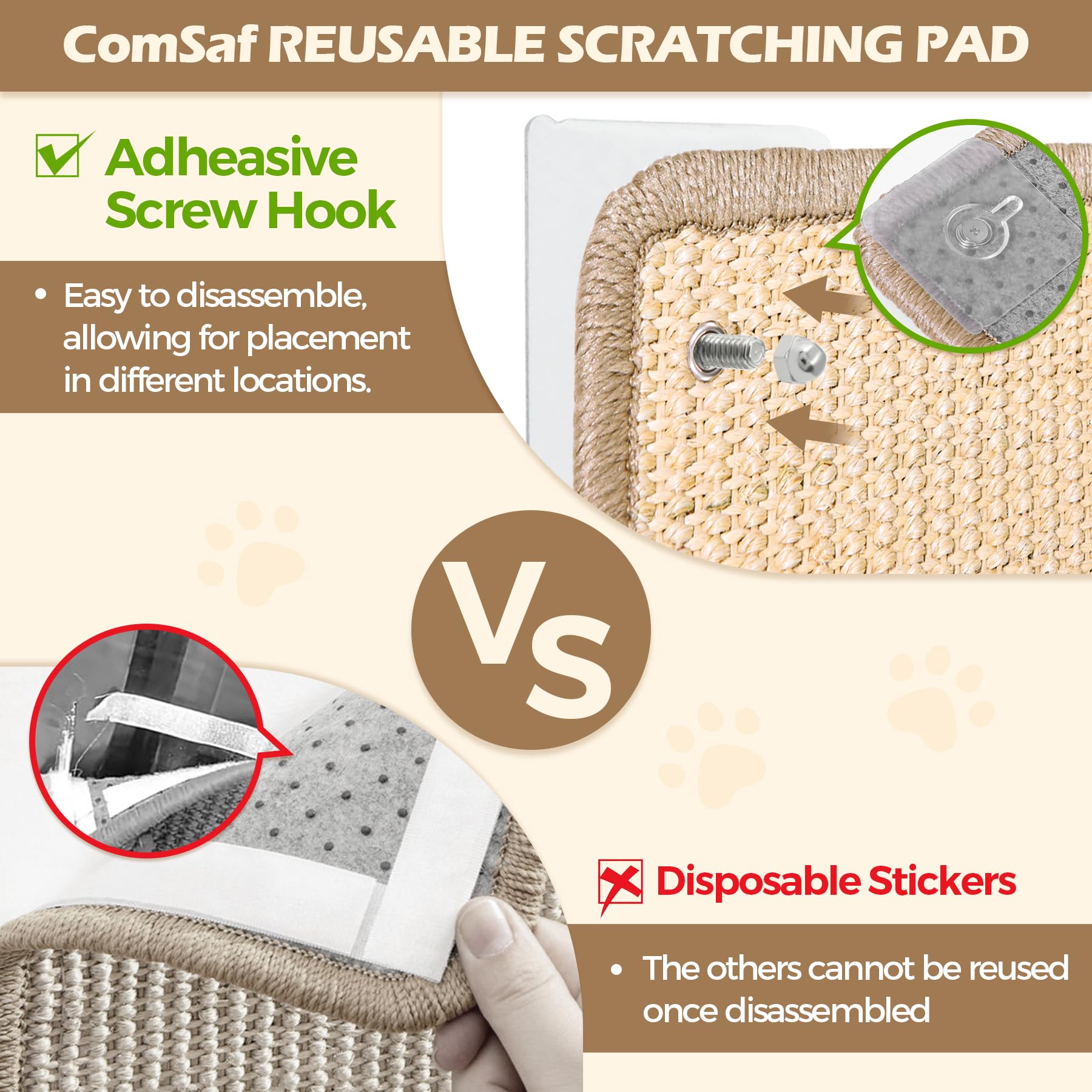 ComSaf Wall Cat Scratcher Mat - Sisal Cat Scratching Pad for Indoor Cats Kitten, Wall Floor Mount Natural Cat Scratch Mat with A