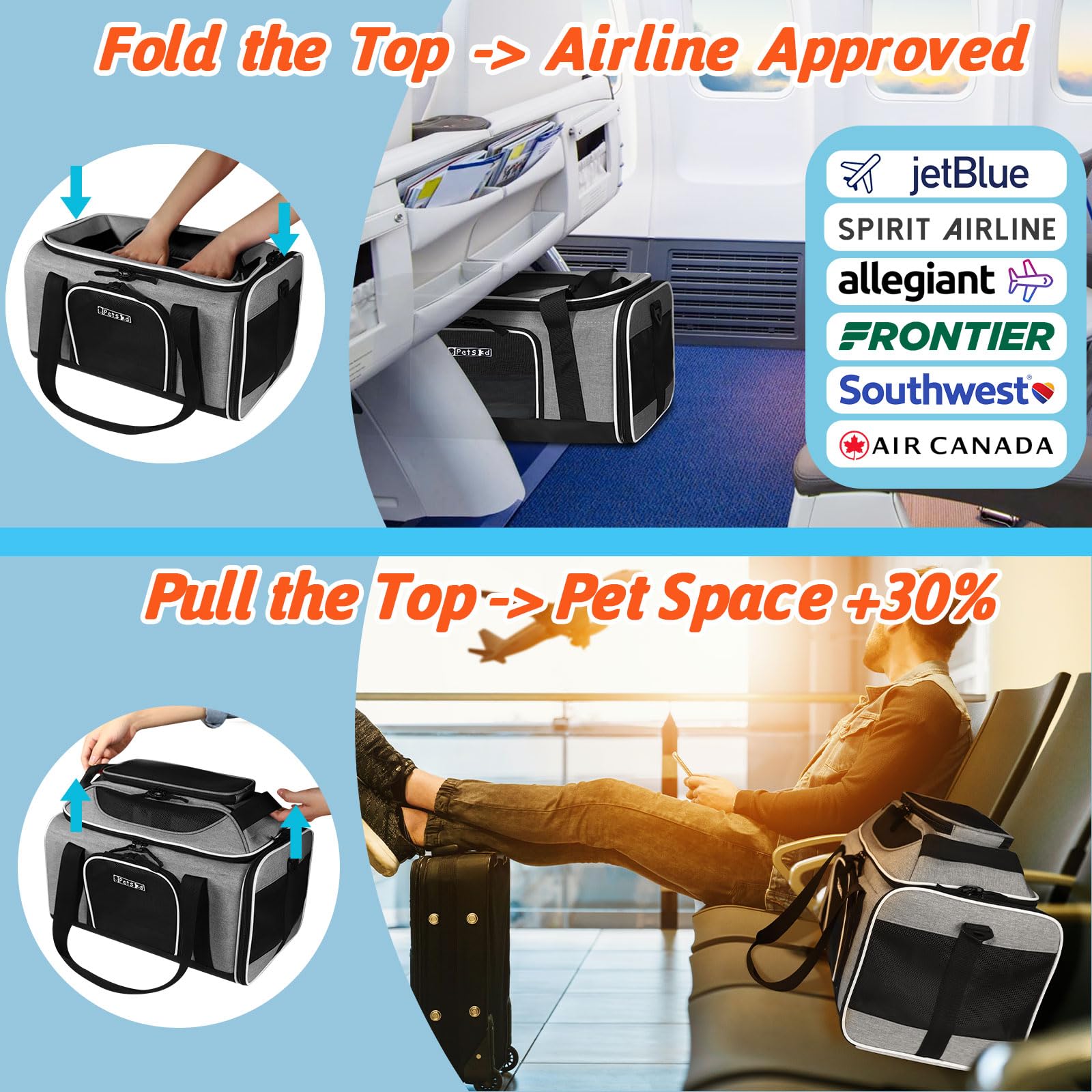 Petskd Top-Expandable Pet Carrier 17X12X8.5 Inches Jetblue Frontier Spirit Airline Approved, Soft-Sided Carrier For Small Cats And Dogs With Locking Safety Zippers And Anti-Scratch Mesh(Grey)