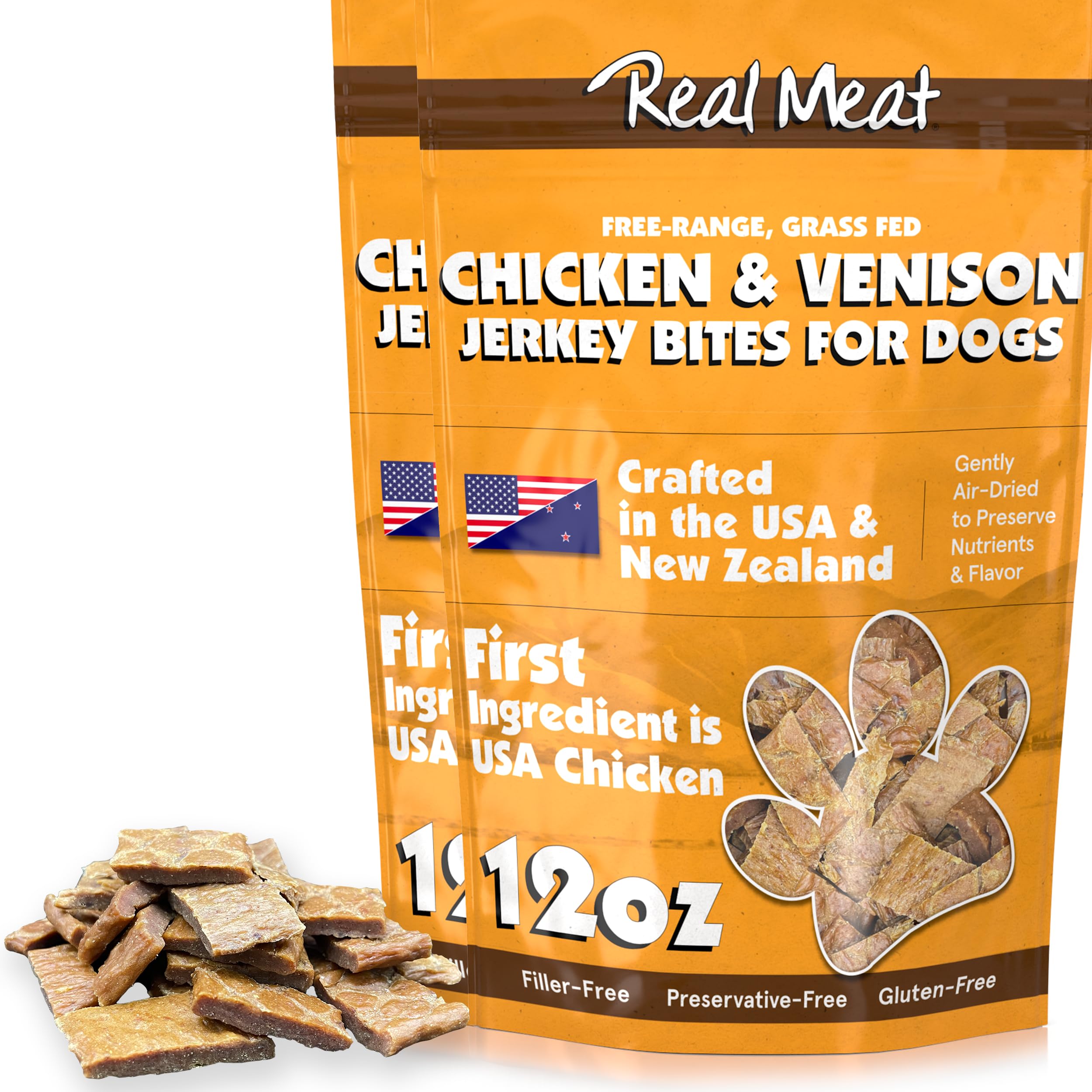 Real Meat Dog Treats - Two 12oz Bag of Bite-Sized Air-Dried Venison & Chicken Jerky for Dogs - Grain-Free Jerky Treats with 95% 