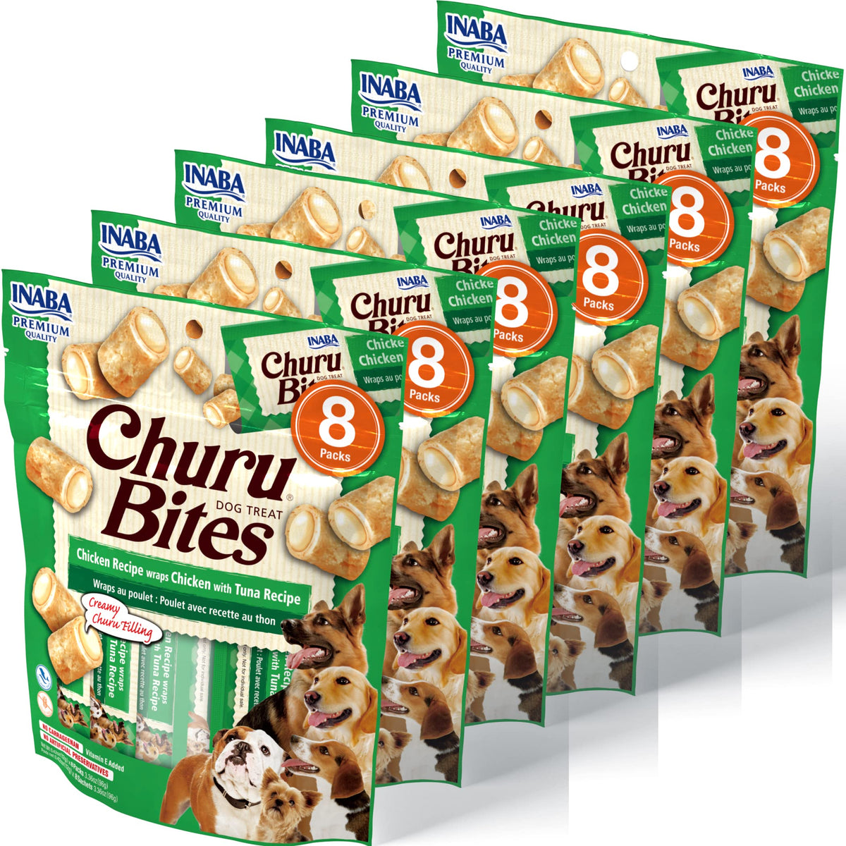 Inaba Churu Bites For Dogs, Grain-Free, Soft/Chewy Baked Chicken Wrapped Churu Filled Dog Treats, 0.42 Ounces Each Tube | 48 Tubes Total (8 Tubes Per Pack), Chicken With Tuna Recipe